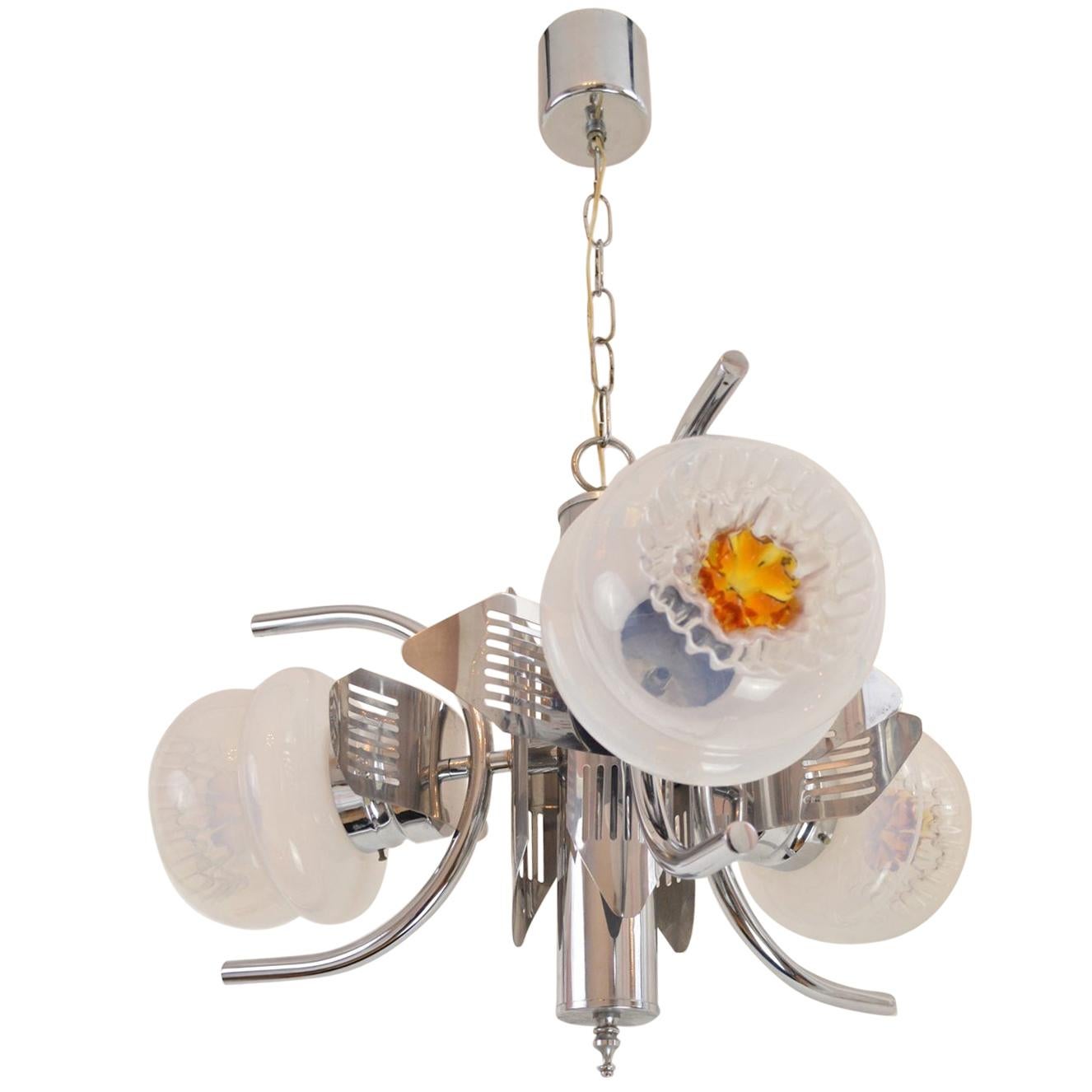 Midcentury Mazzega Murano Glass and Chrome Chandelier, Italy, circa 1960