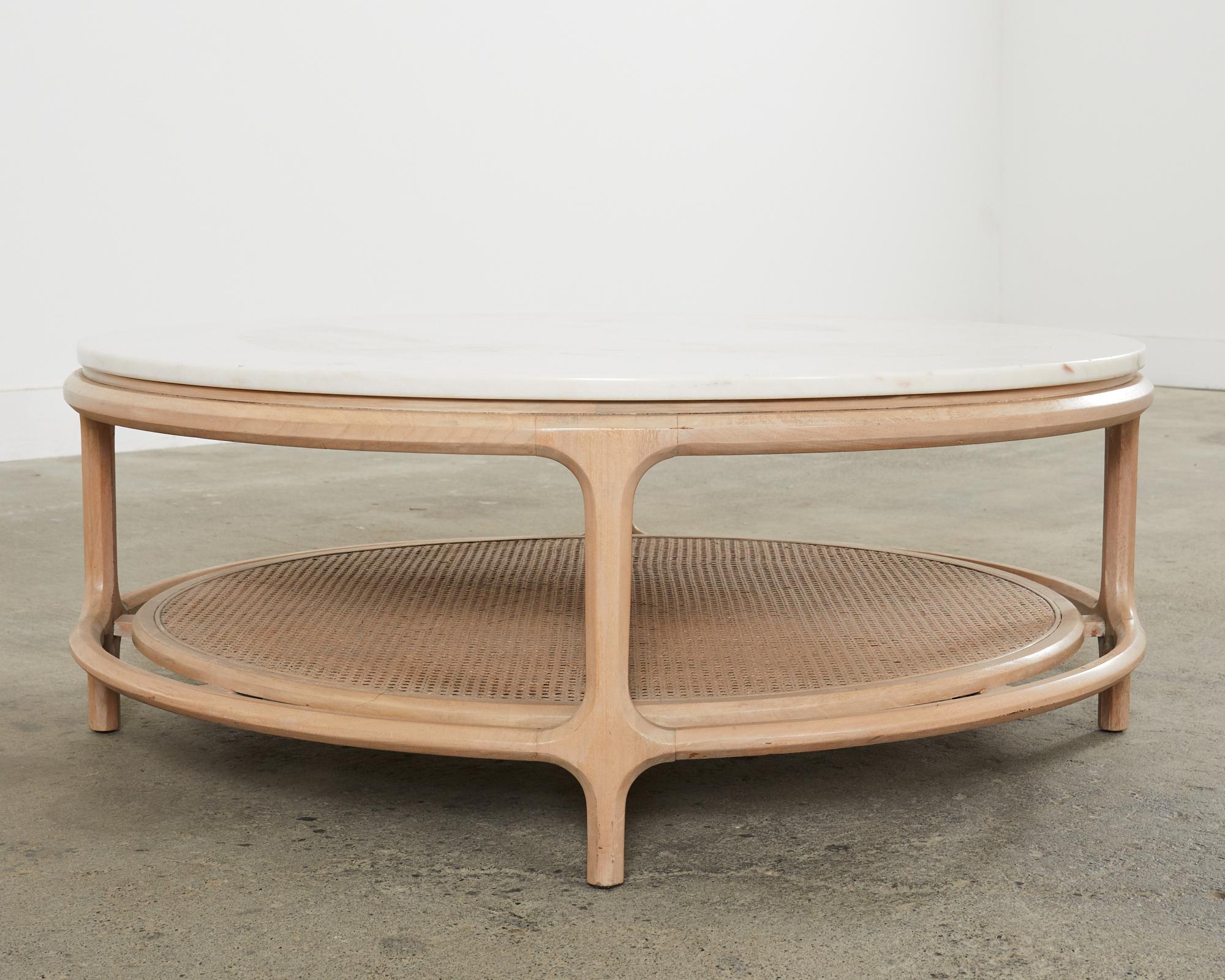 Midcentury McGuire Style Round Marble Top Caned Cocktail Table en vente 5