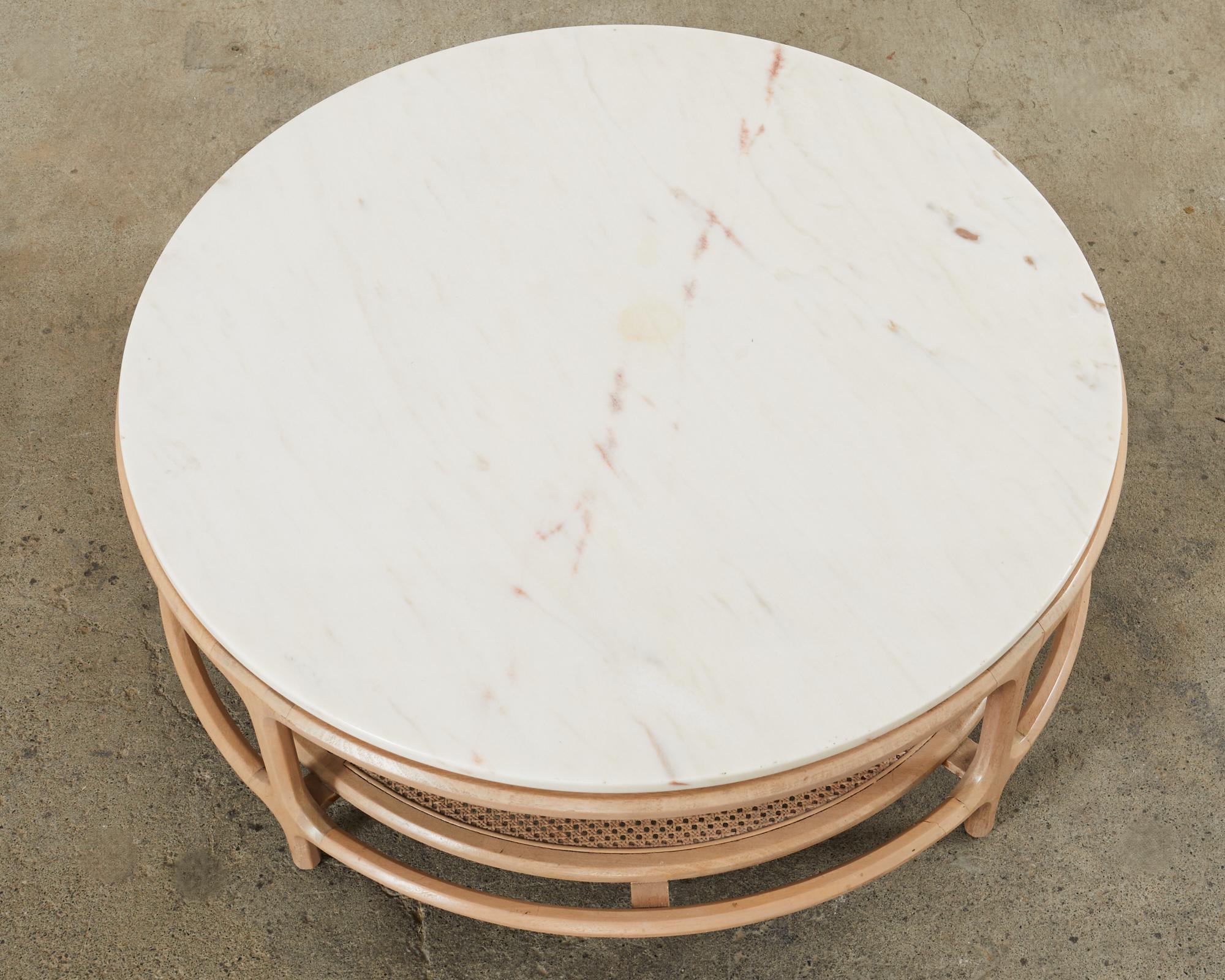 American Midcentury McGuire Style Round Marble Top Caned Cocktail Table For Sale