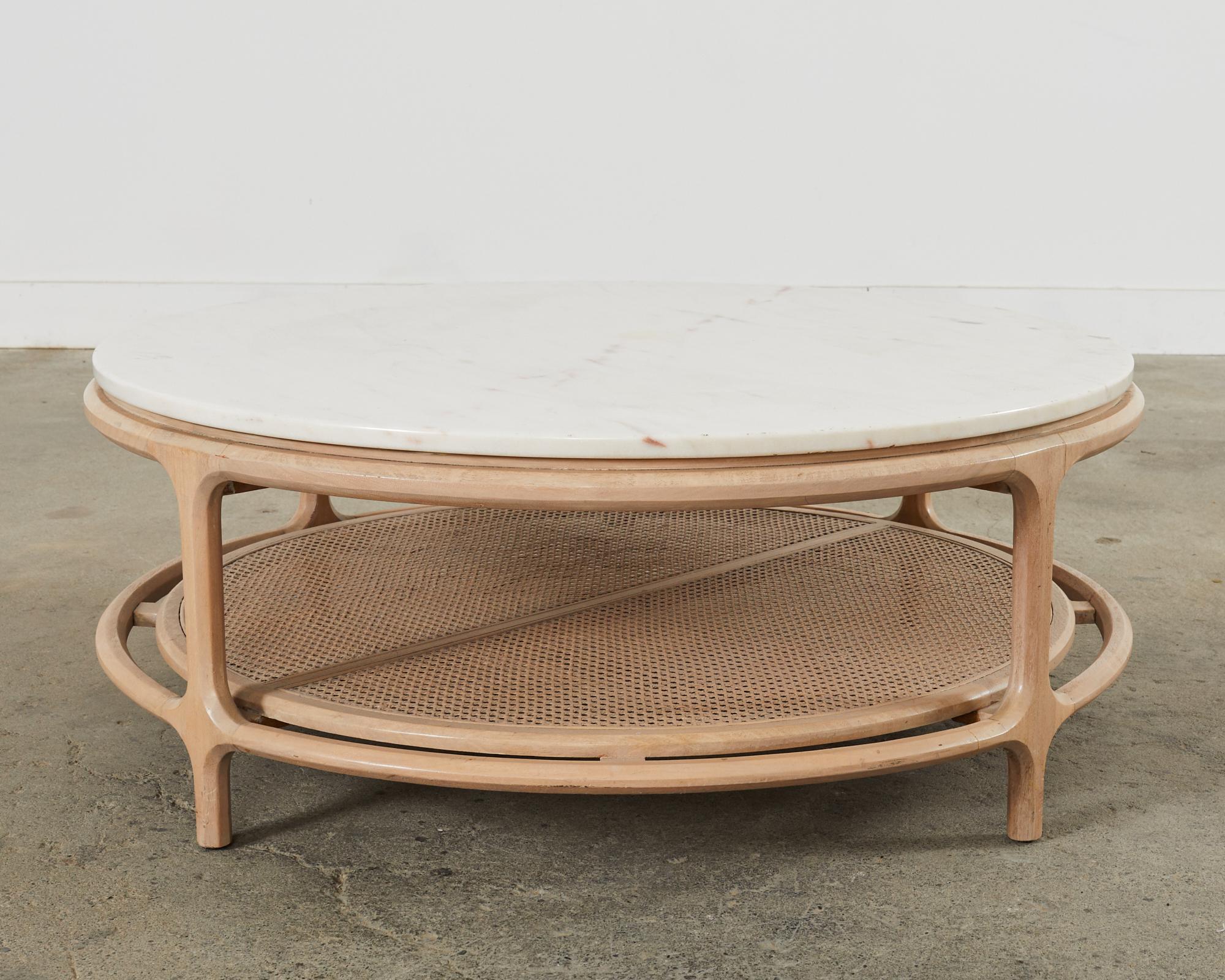 Hand-Crafted Midcentury McGuire Style Round Marble Top Caned Cocktail Table For Sale