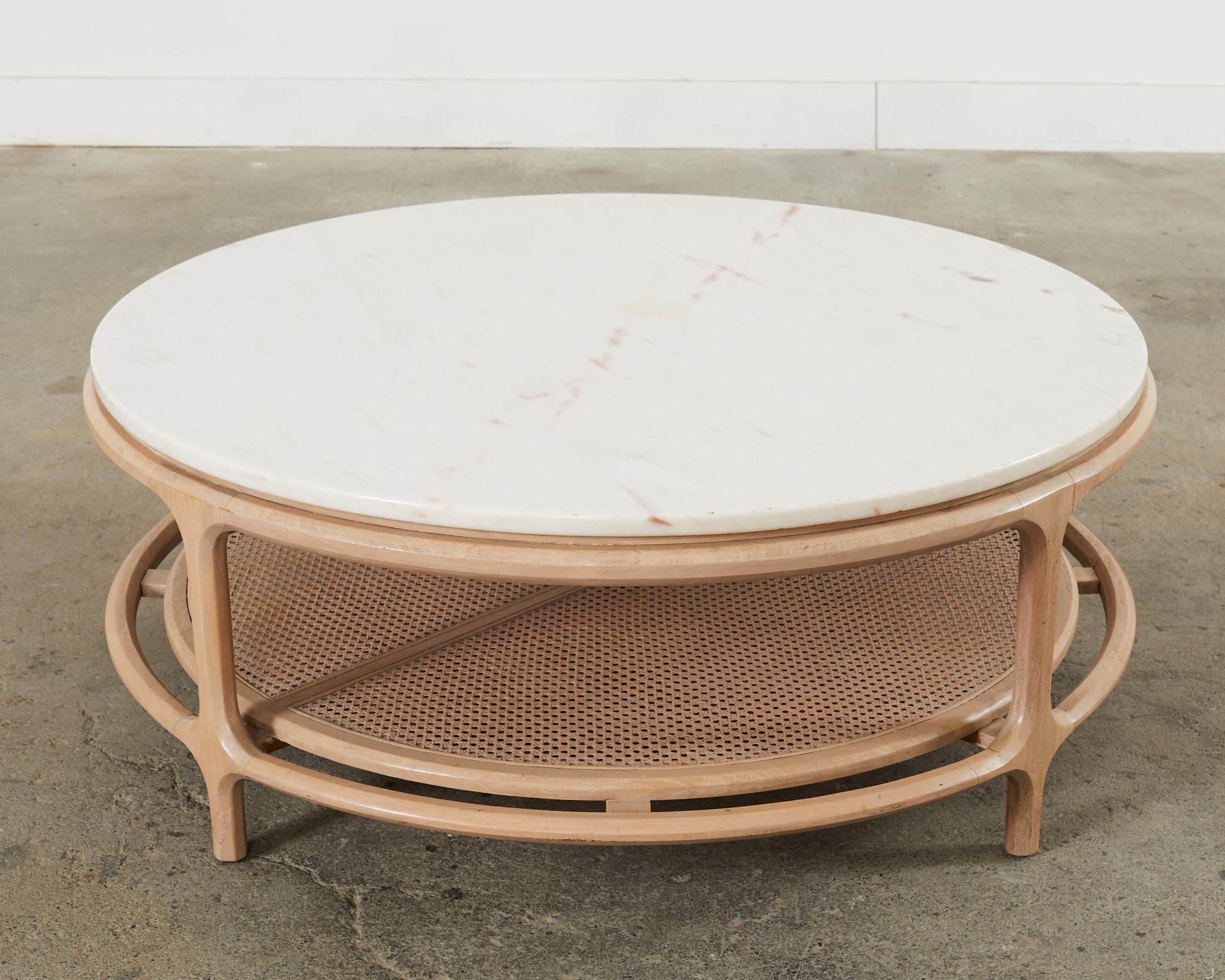 Midcentury McGuire Style Round Marble Top Caned Cocktail Table For Sale 2