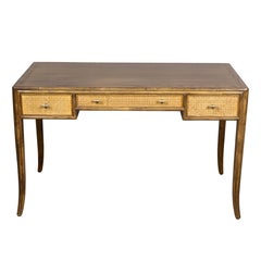 Midcentury McGuire Writing Desk with Cane Drawer Fronts and Brass Pulls
