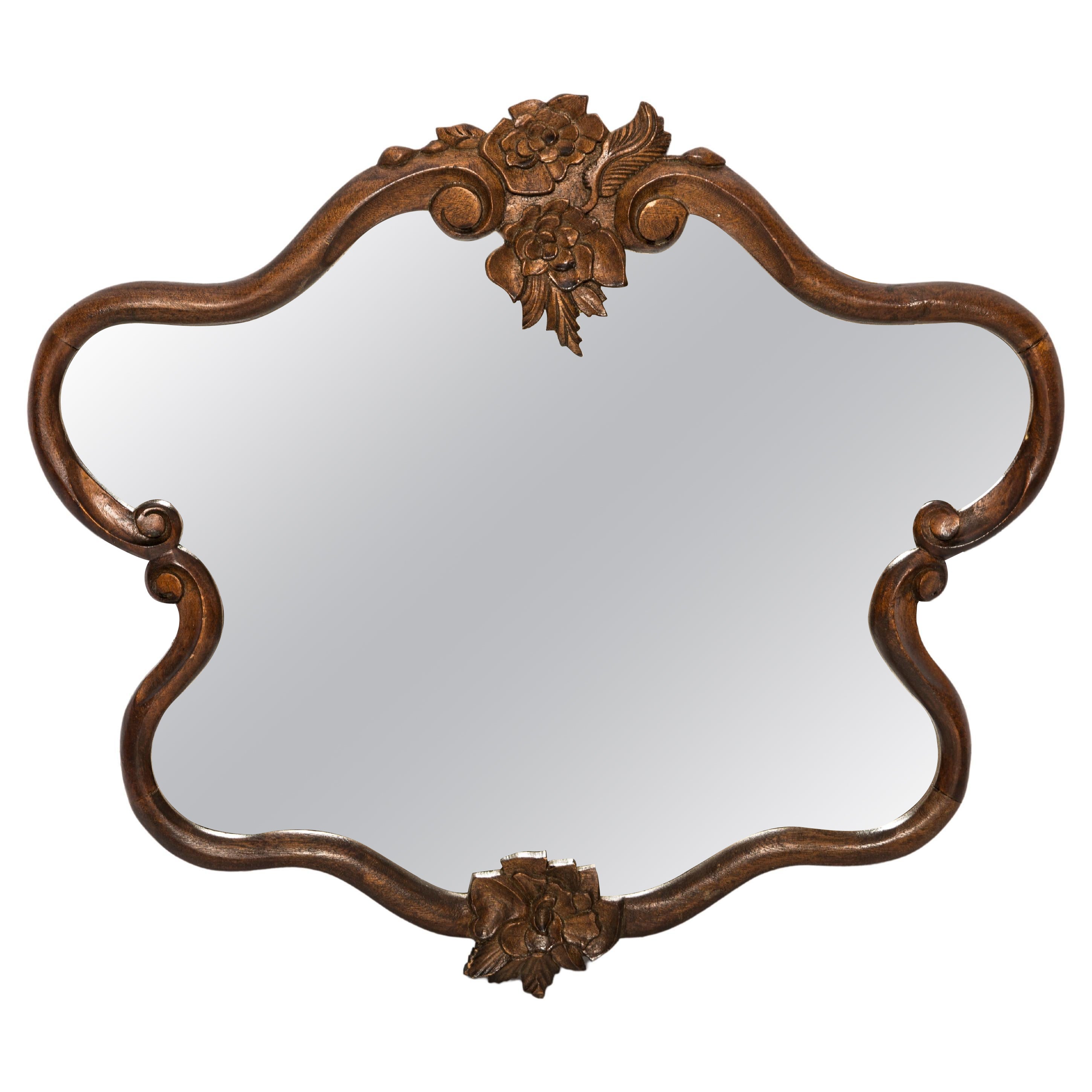 Midcentury Medium Vintage Dark Brown Wood Mirror Flowers, Europe, 1960s
