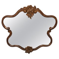 Midcentury Medium Vintage Dark Brown Wood Mirror Flowers, Europe, 1960s