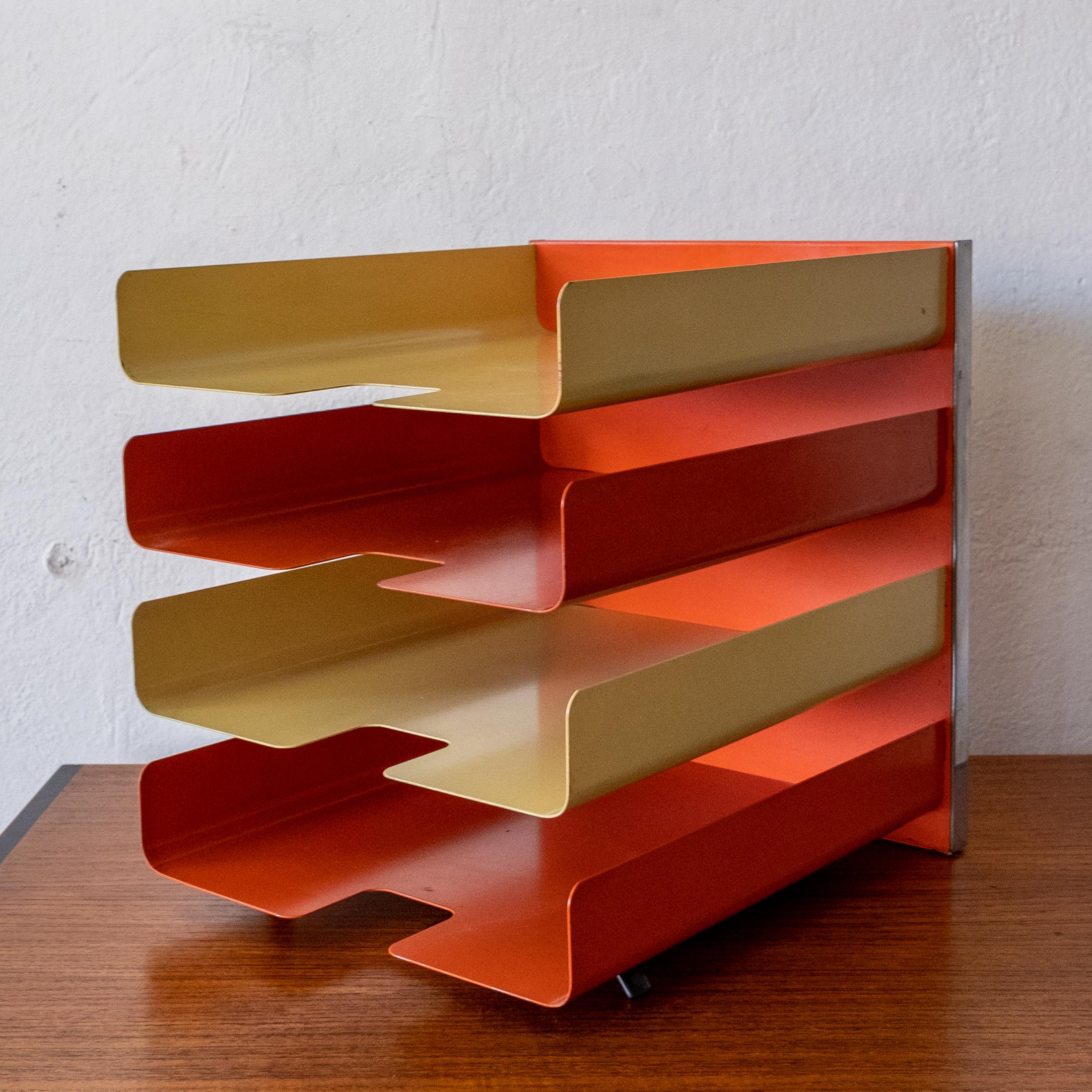 Four level orange and yellow metal and chrome letter tray. High quality metal construction. Produced by California company, Mosler Harbor. 1960s.