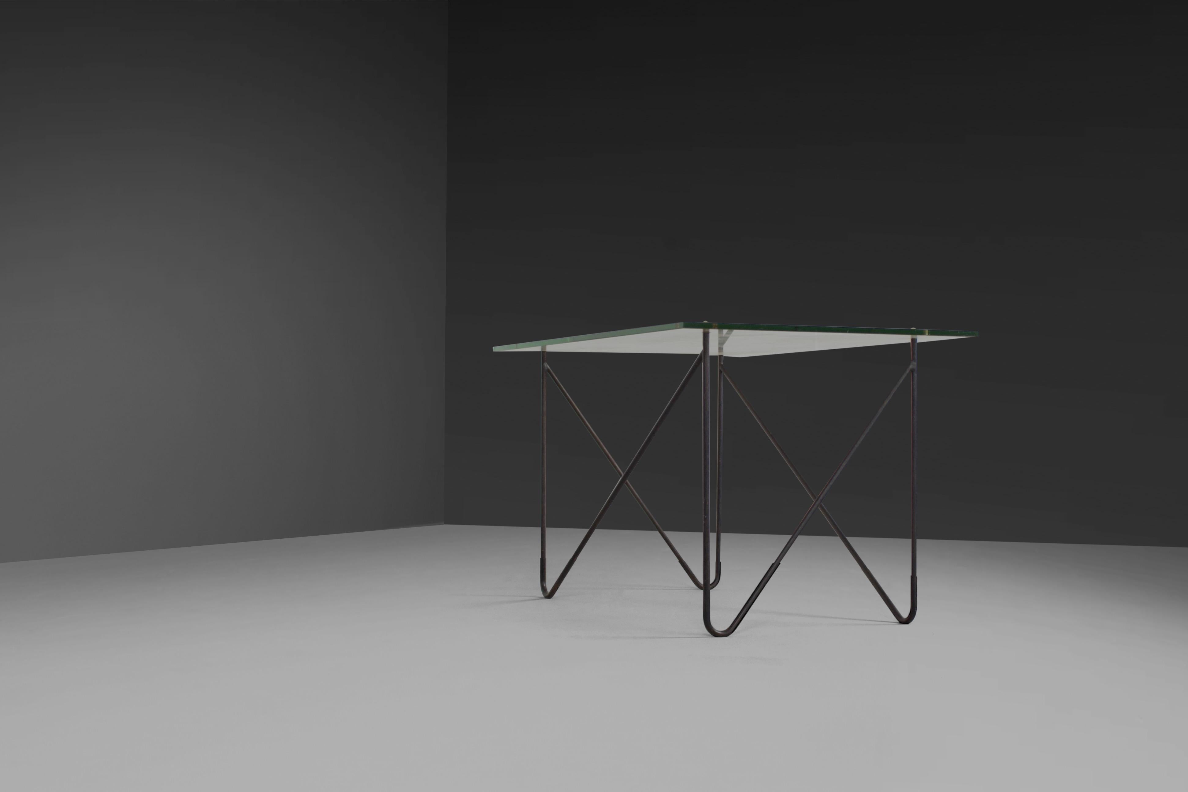 French Midcentury Metal and Glass Table by Airborne, France, 1950s For Sale