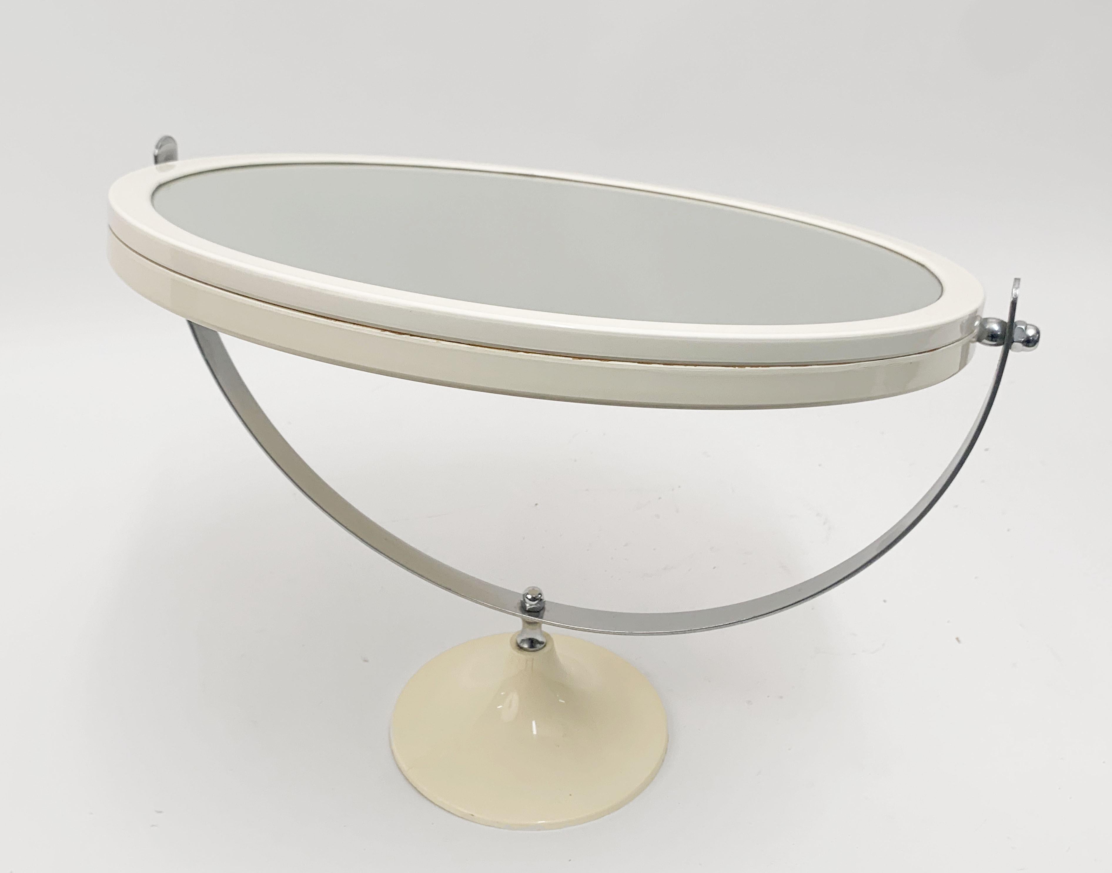 Midcentury Metal and White Plastic Round Italian Table Mirror, Italy, 1980s For Sale 5