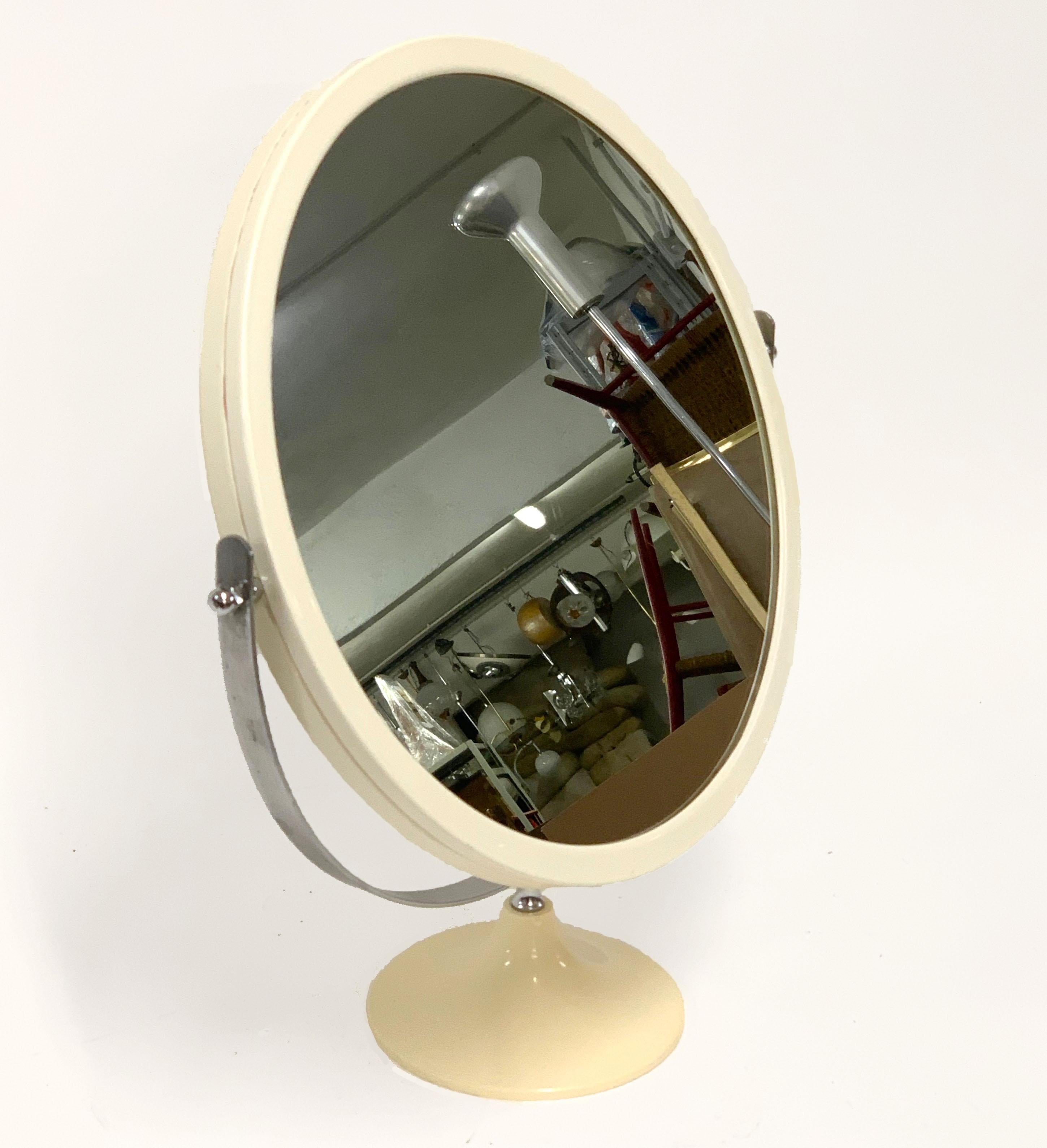 Mid-Century Modern Midcentury Metal and White Plastic Round Italian Table Mirror, Italy, 1980s For Sale