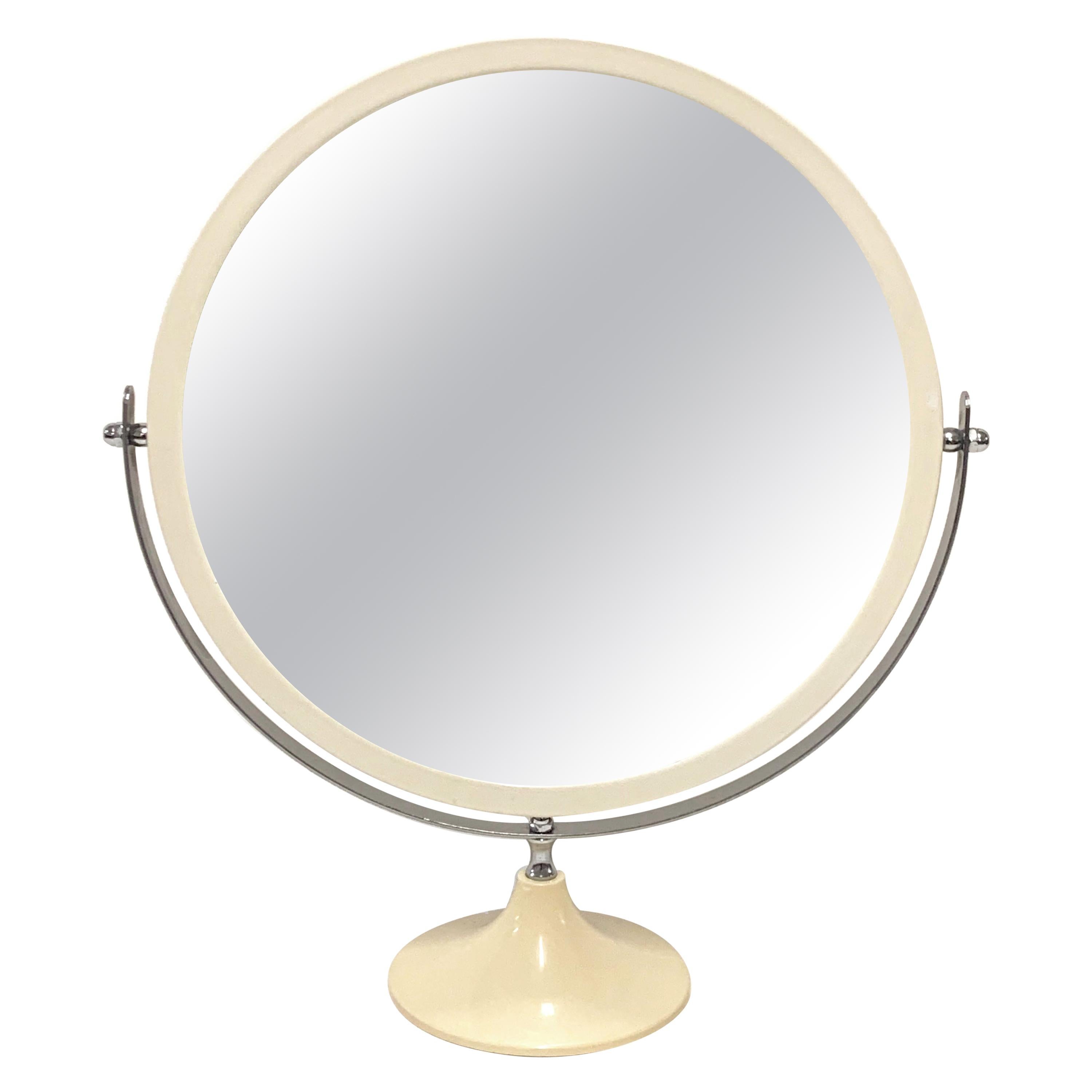 Midcentury Metal and White Plastic Round Italian Table Mirror, Italy, 1980s For Sale