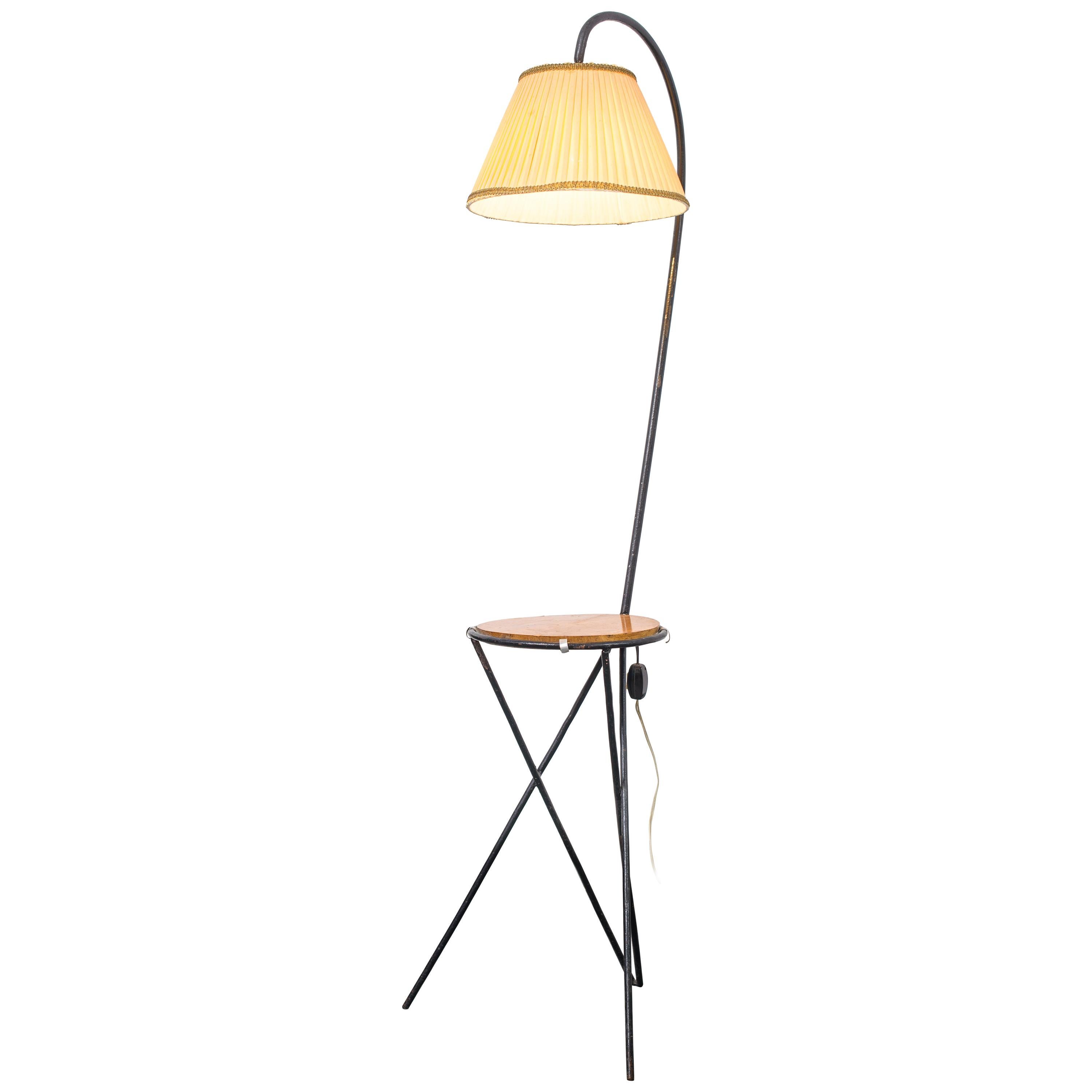 Midcentury Metal and Wood , Fabric  Floor Lamp, circa 1950 For Sale