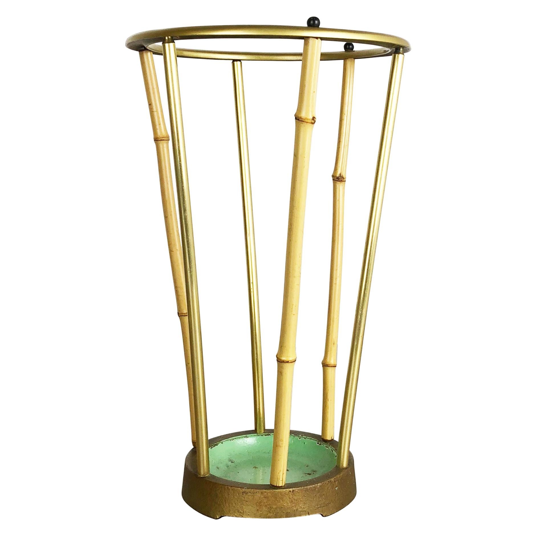Midcentury Metal Brass and Bamboo Umbrella Stand, Germany, 1950s