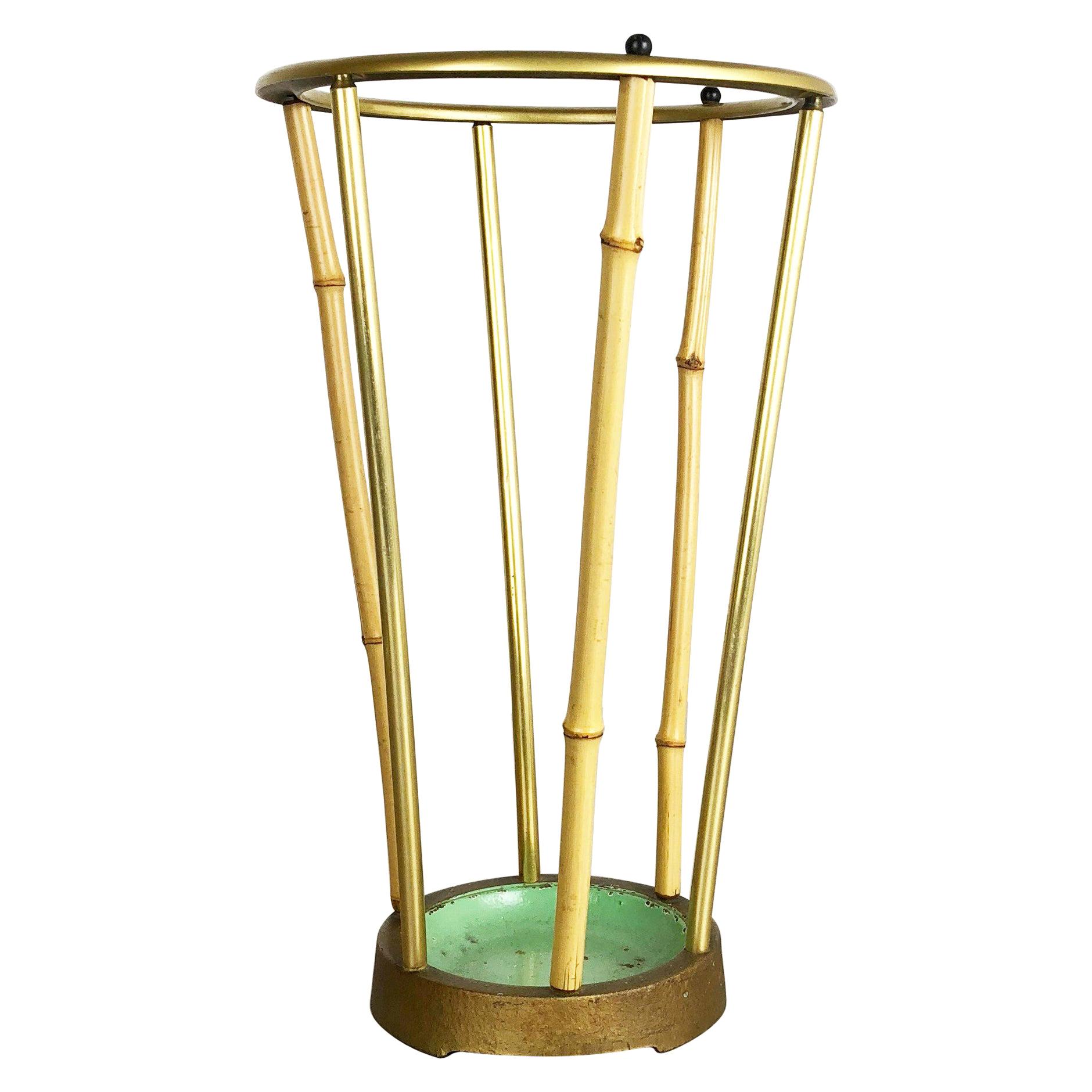 Midcentury Metal Brass and Bamboo Auböck style Umbrella Stand, Germany, 1950s