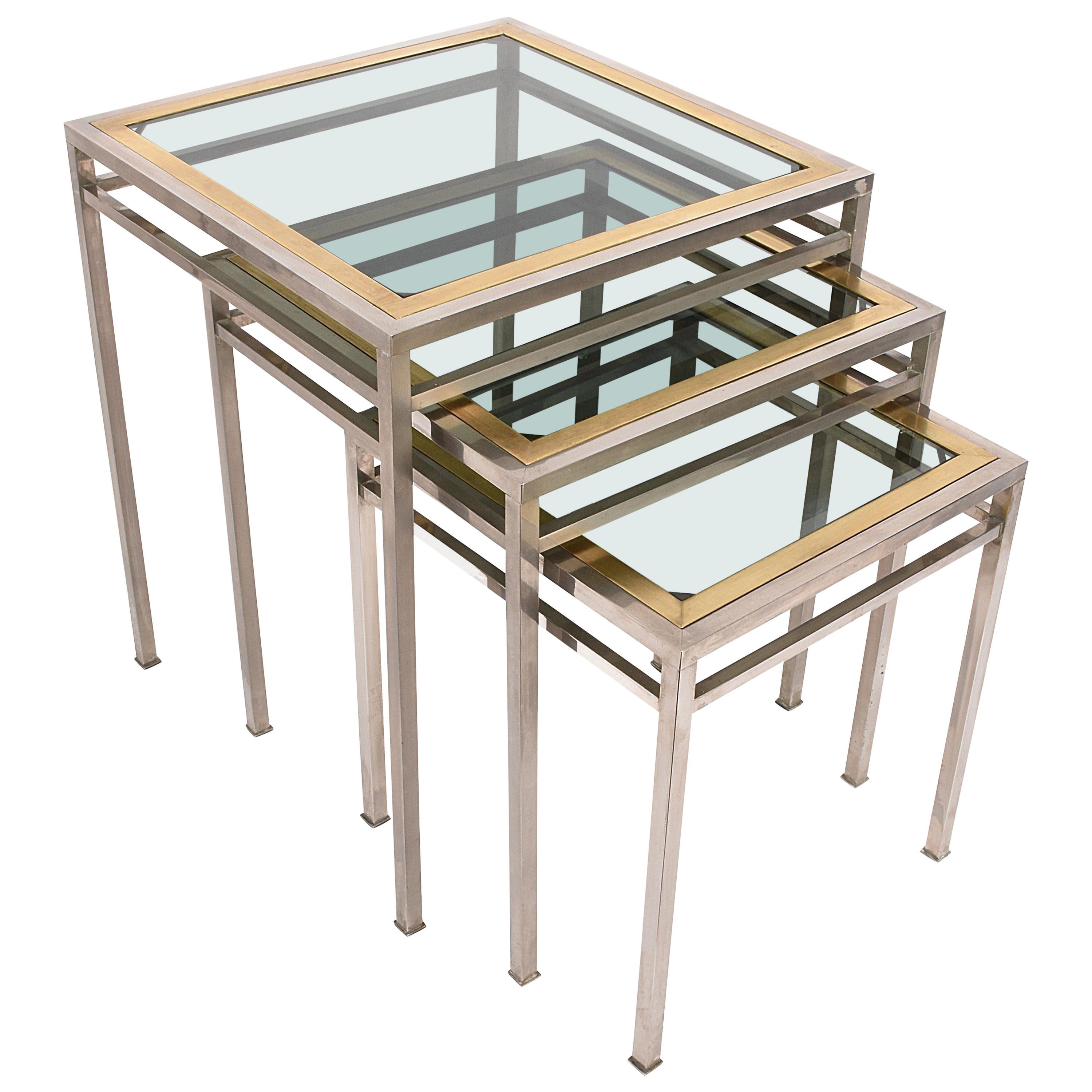 Midcentury Metal, Brass and Smoked Glass Extractable Coffee Tables, Italy, 1970s