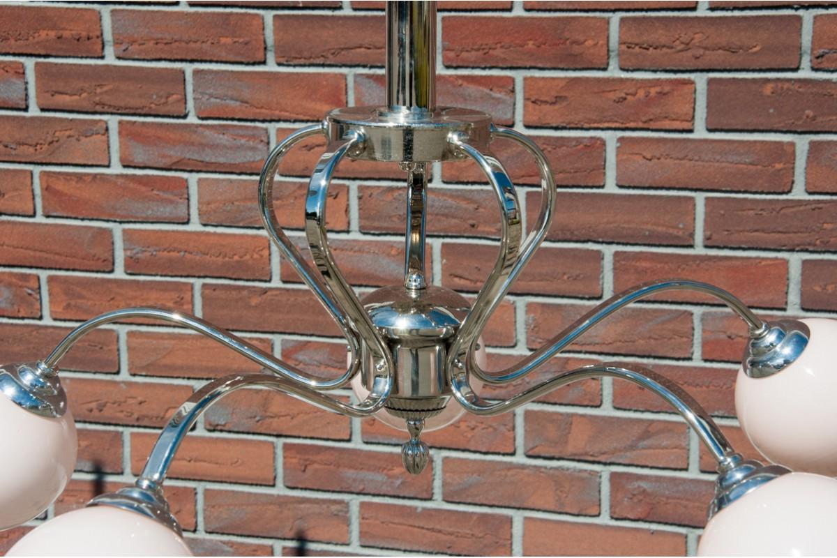 Mid-20th Century Midcentury Metal Chandelier with Pink Shades, Poland, 1950s For Sale