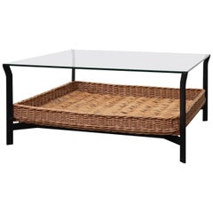 Mid-Century Metal, Glass and Rattan Coffee Table