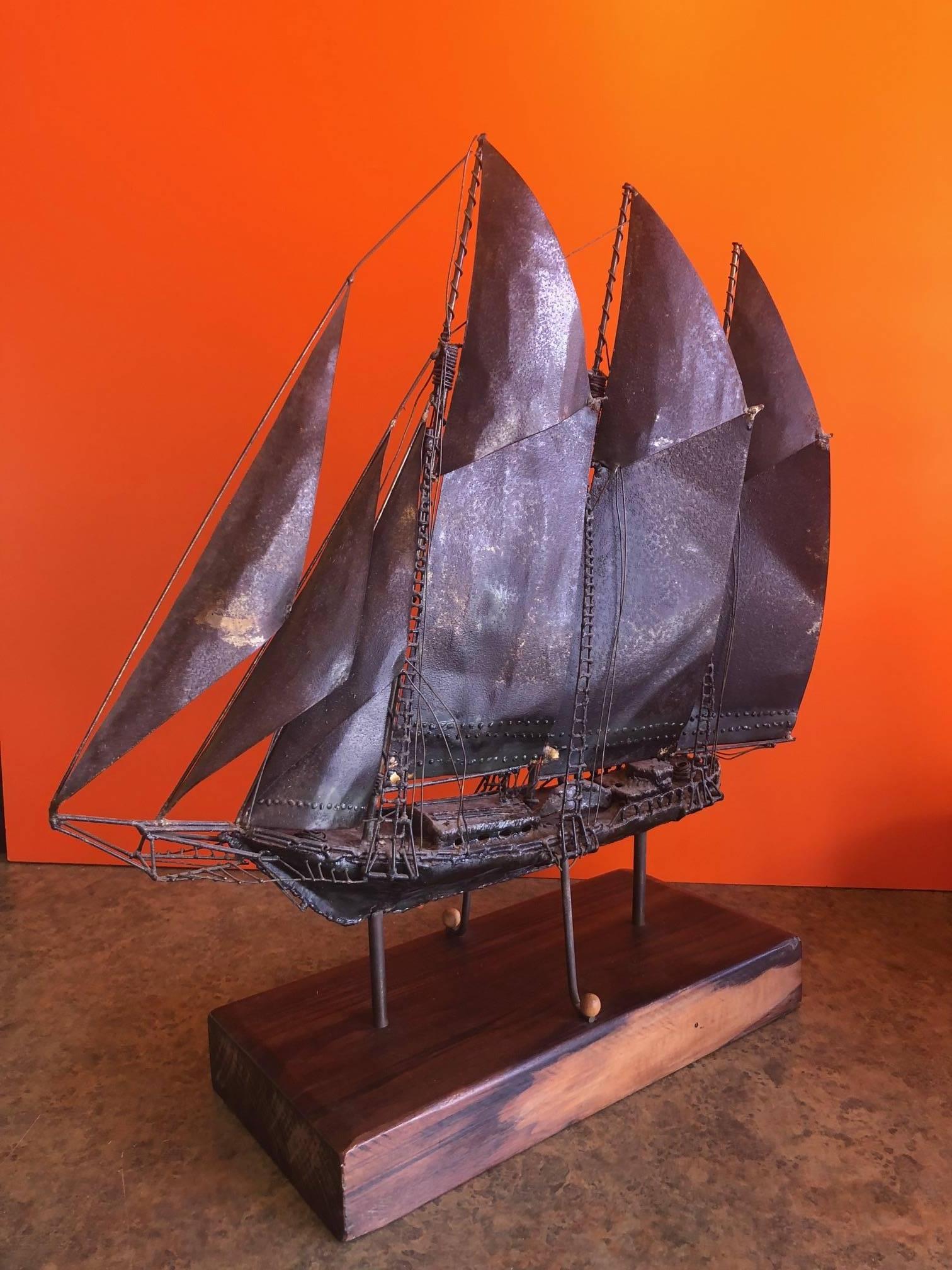 Midcentury Metal Ship on Wood Base In Good Condition In San Diego, CA