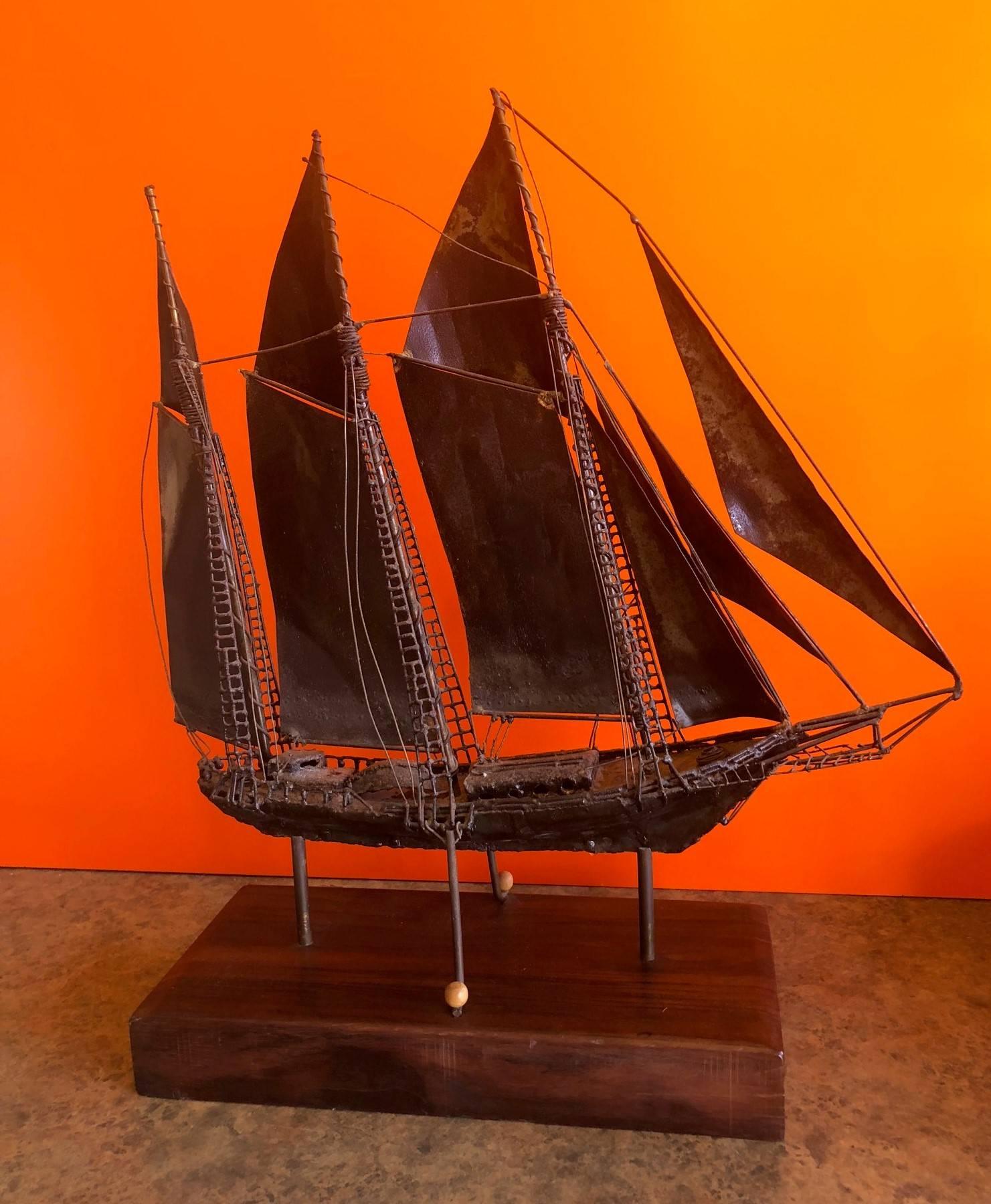 Spelter Midcentury Metal Ship on Wood Base