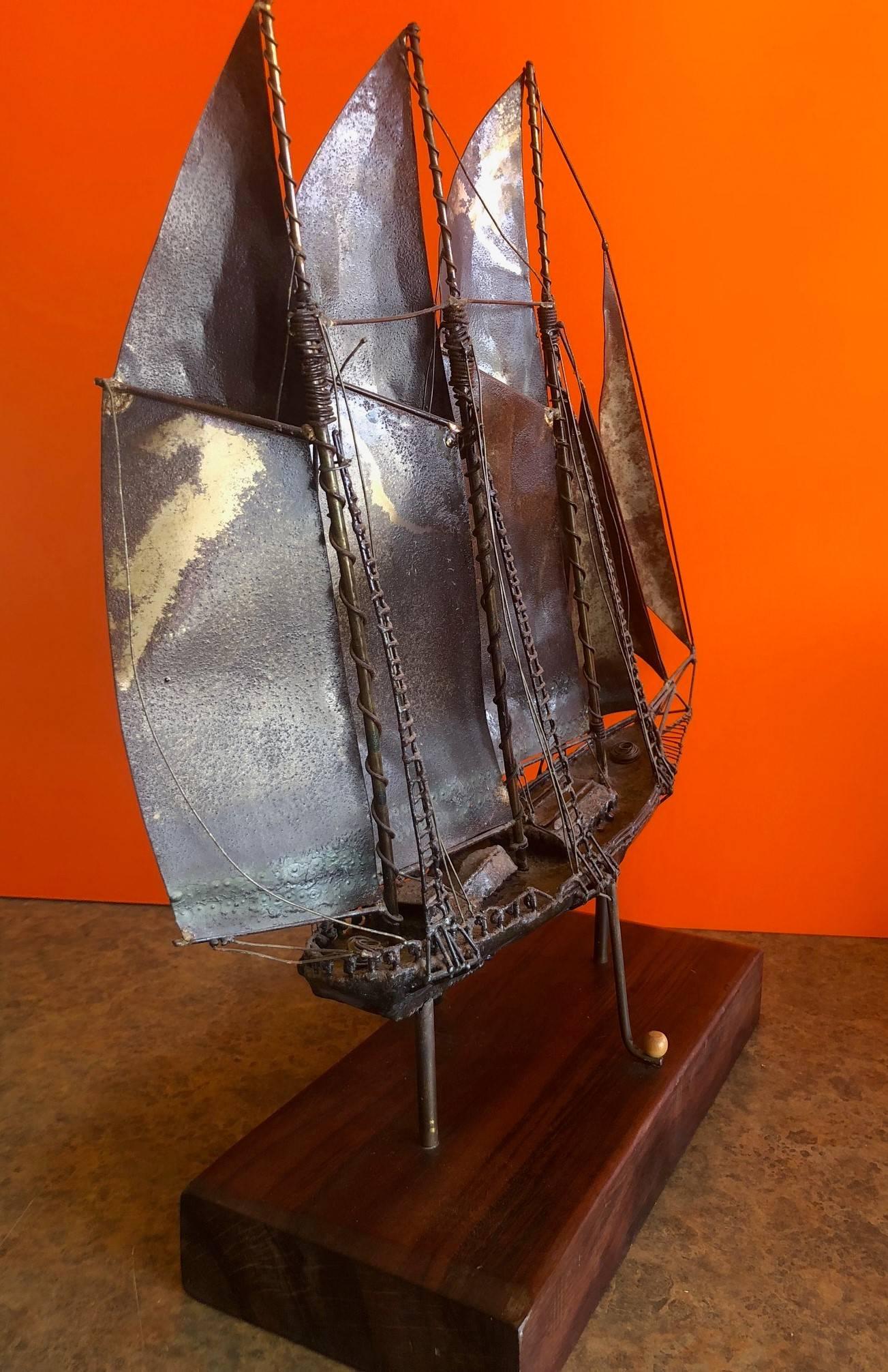 Midcentury Metal Ship on Wood Base 1