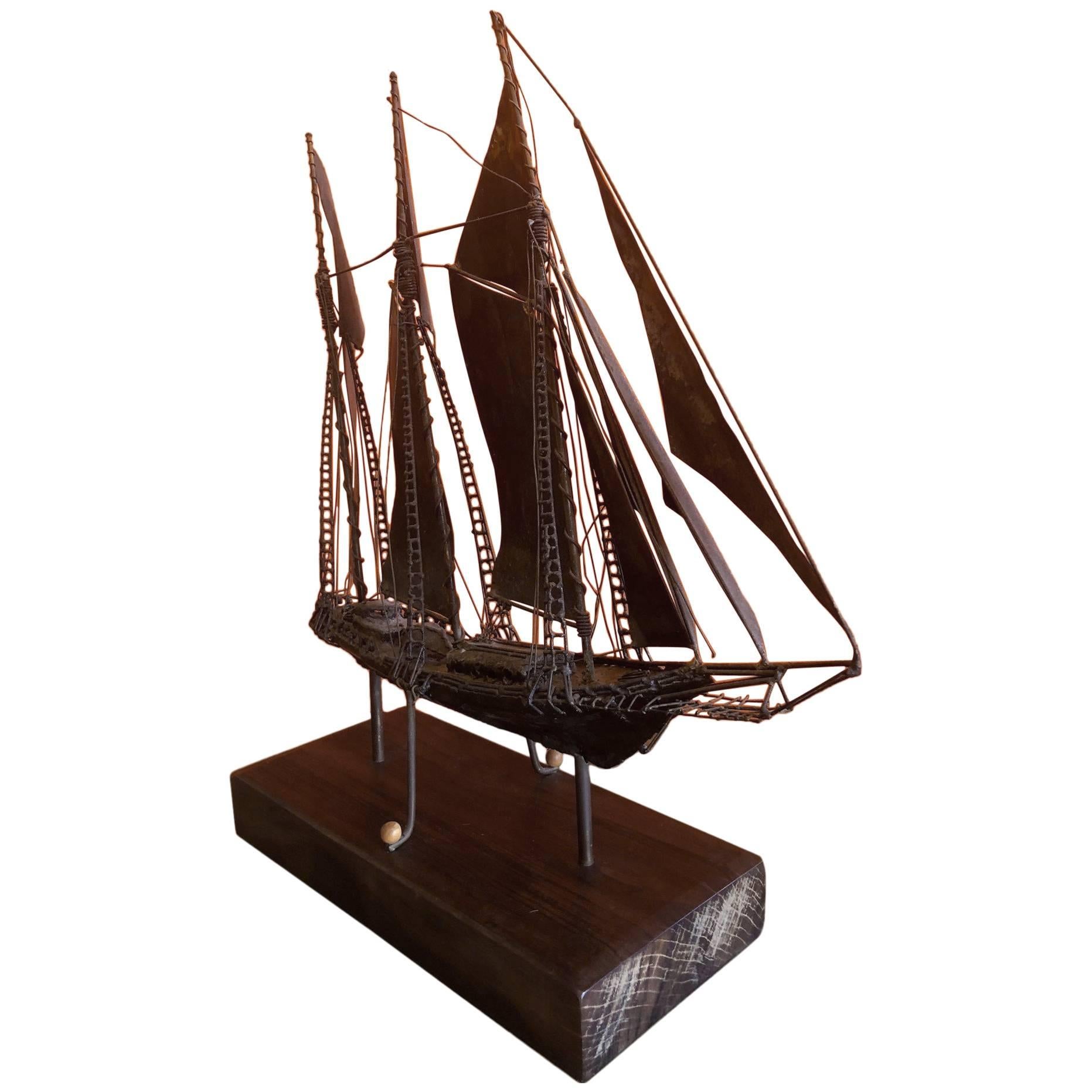 Midcentury Metal Ship on Wood Base