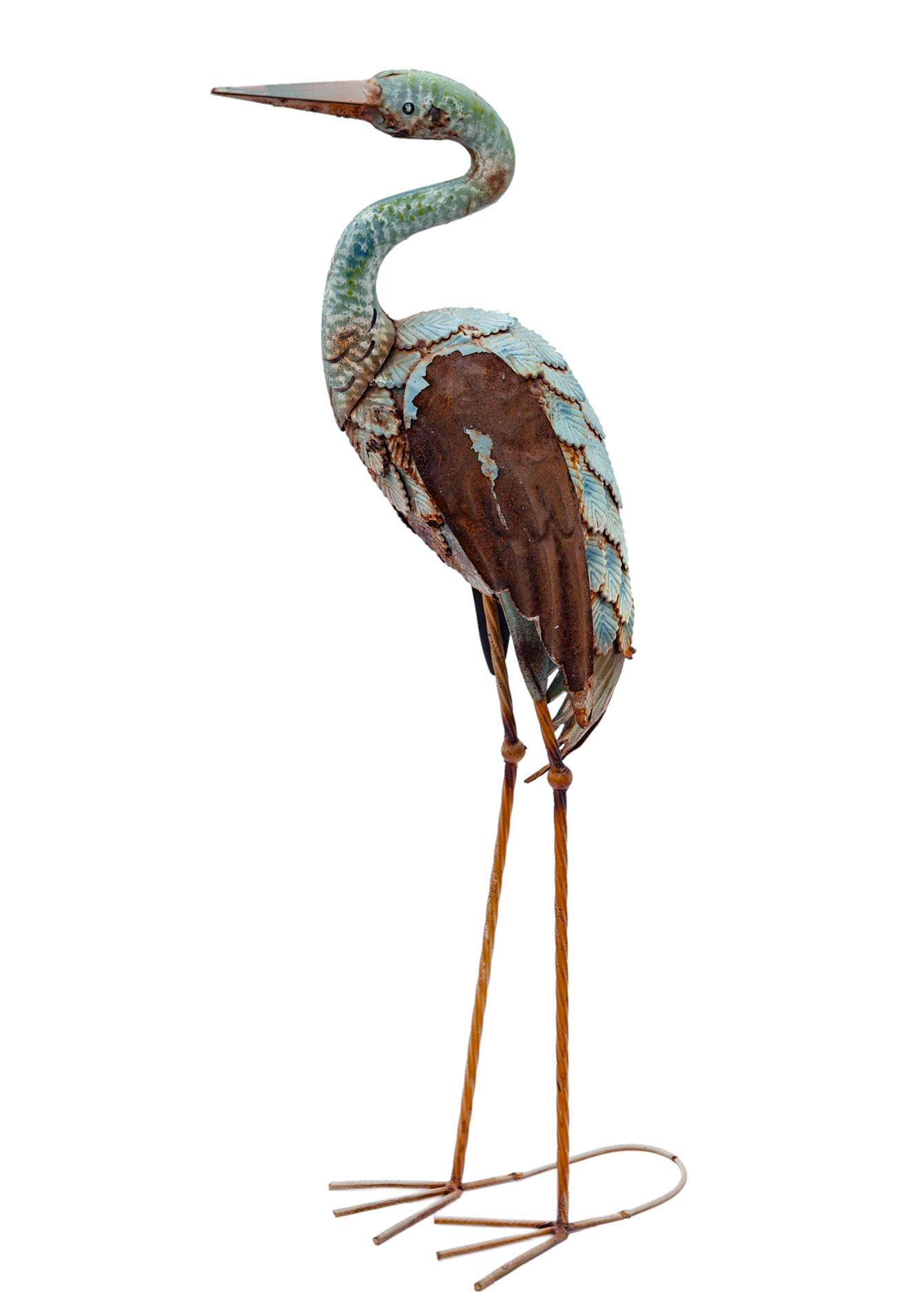 Vintage shorebird statue on iron legs, the body in metal with hand painted 