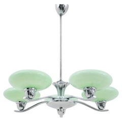 Midcentury metalic chandelier with green shades, Poland, 1960s