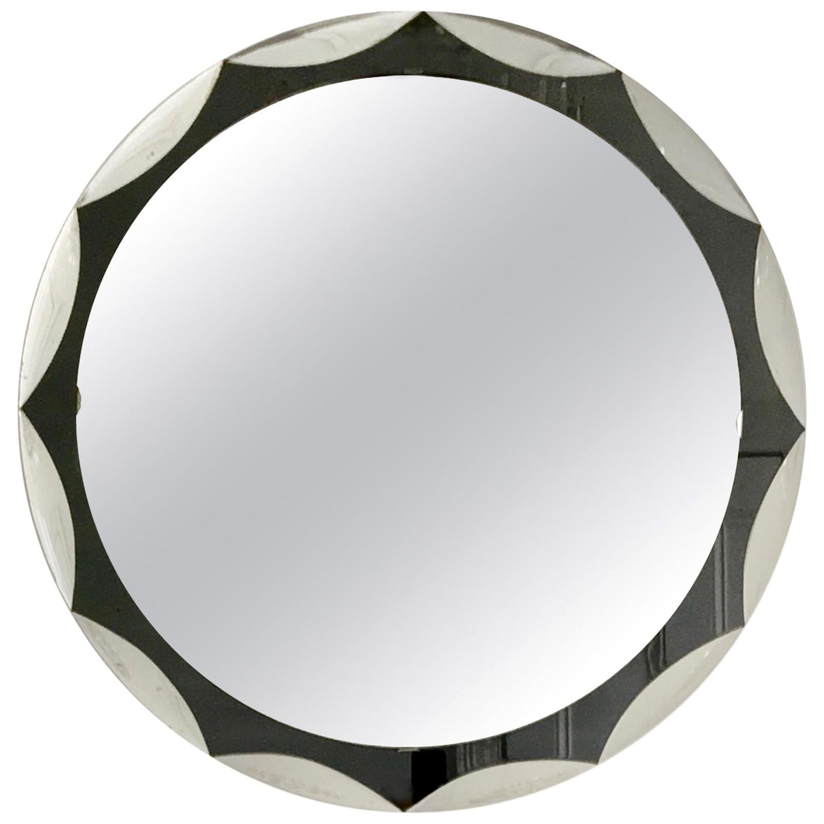 Midcentury Metalvetro Galvorame Mirror with Scalloped Black Glass Detail, Italy