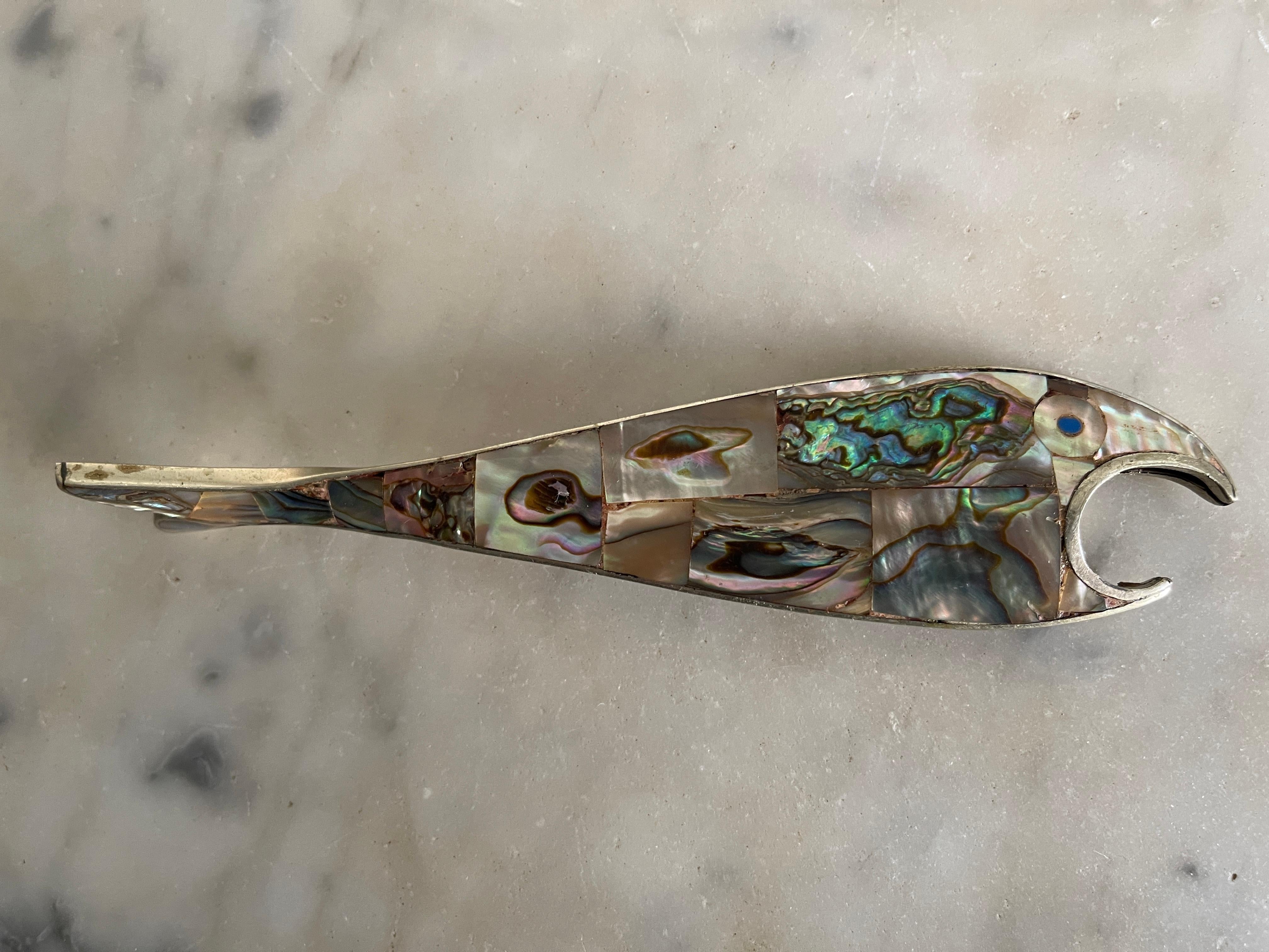 Midcentury Mexican Abalone Fish Alpaca Silver Bottle Opener For Sale 3