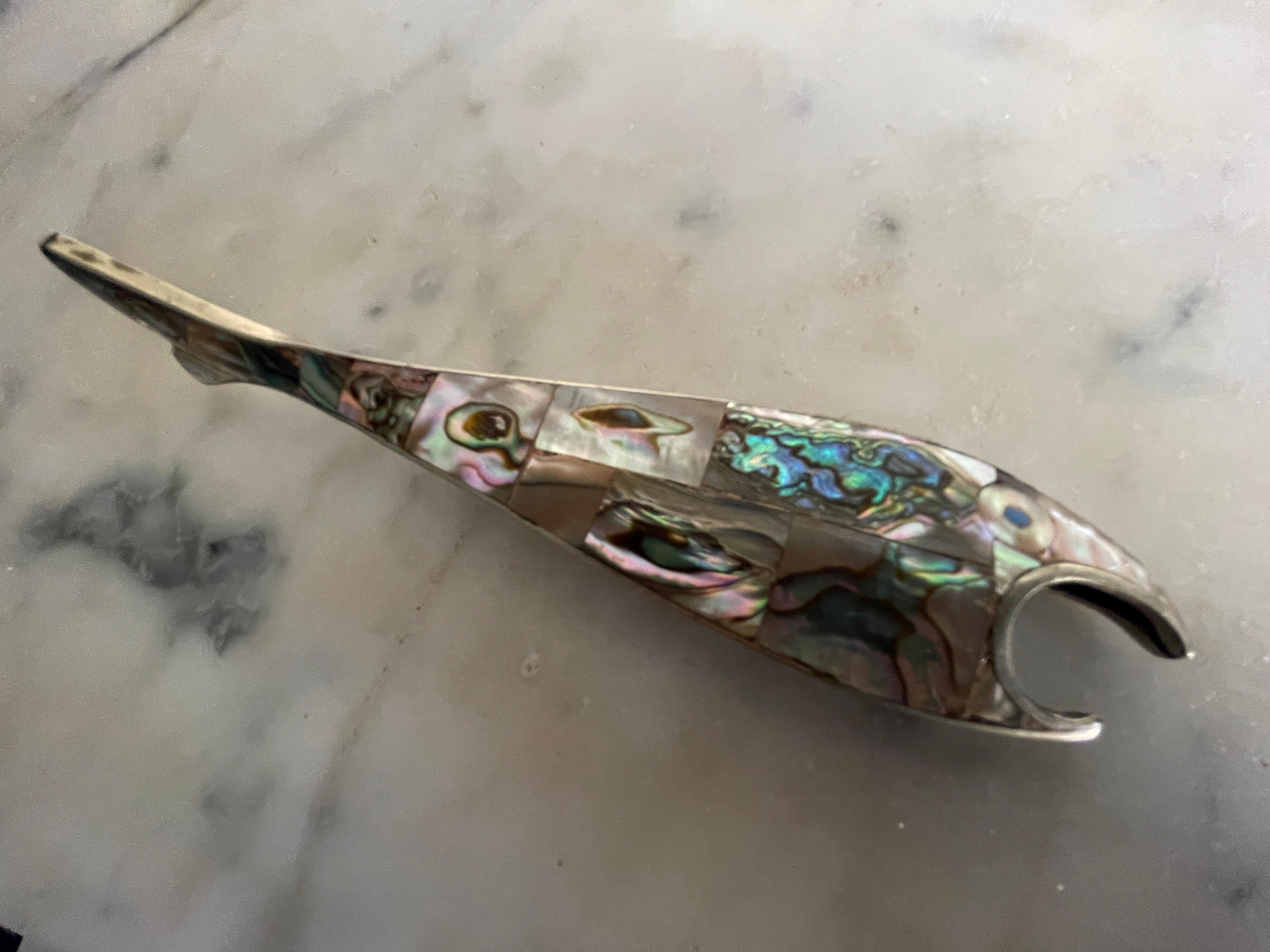 Midcentury Mexican Abalone Fish Alpaca Silver Bottle Opener For Sale 4