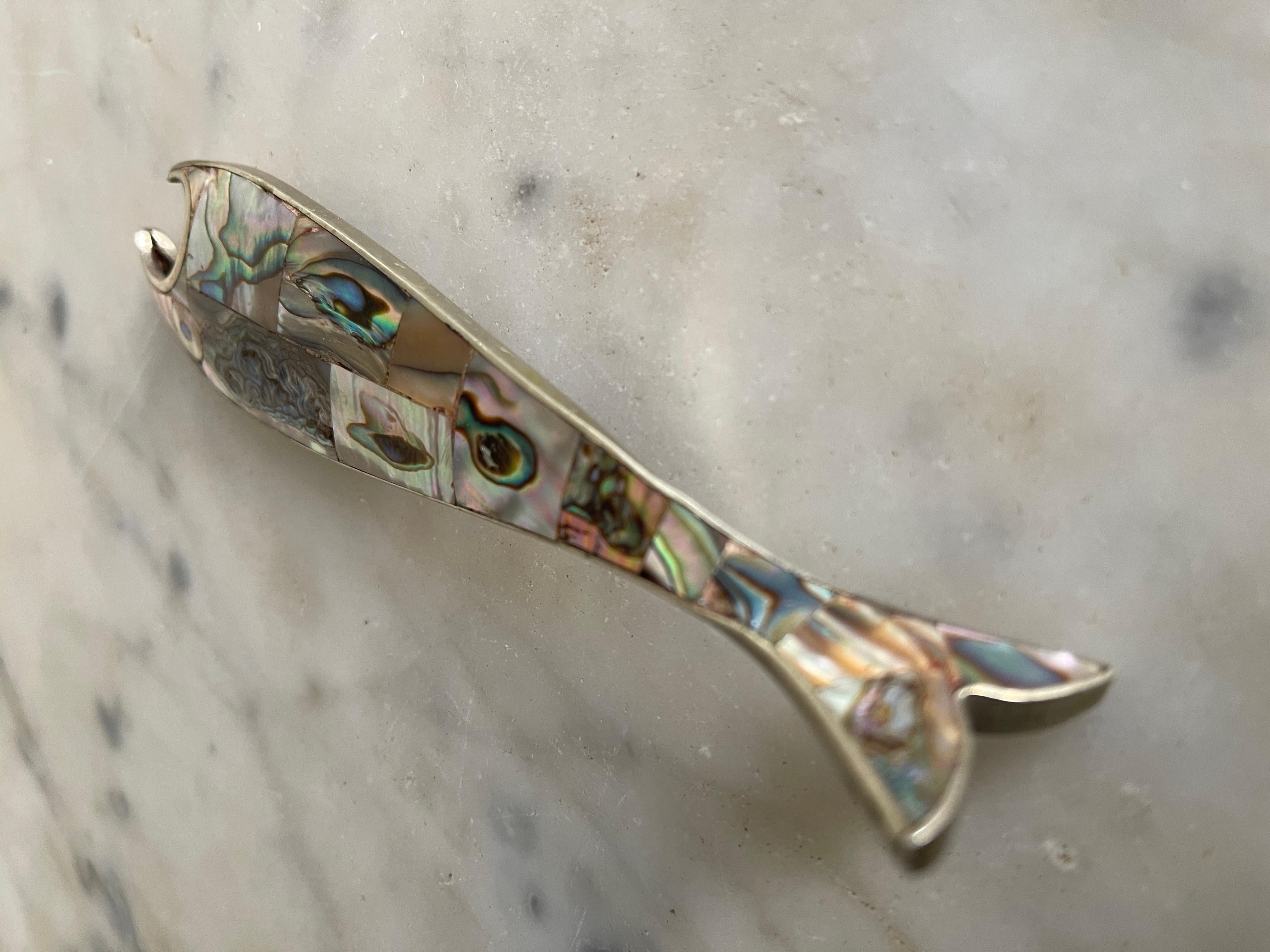 Midcentury Mexican Abalone Fish Alpaca Silver Bottle Opener For Sale 6
