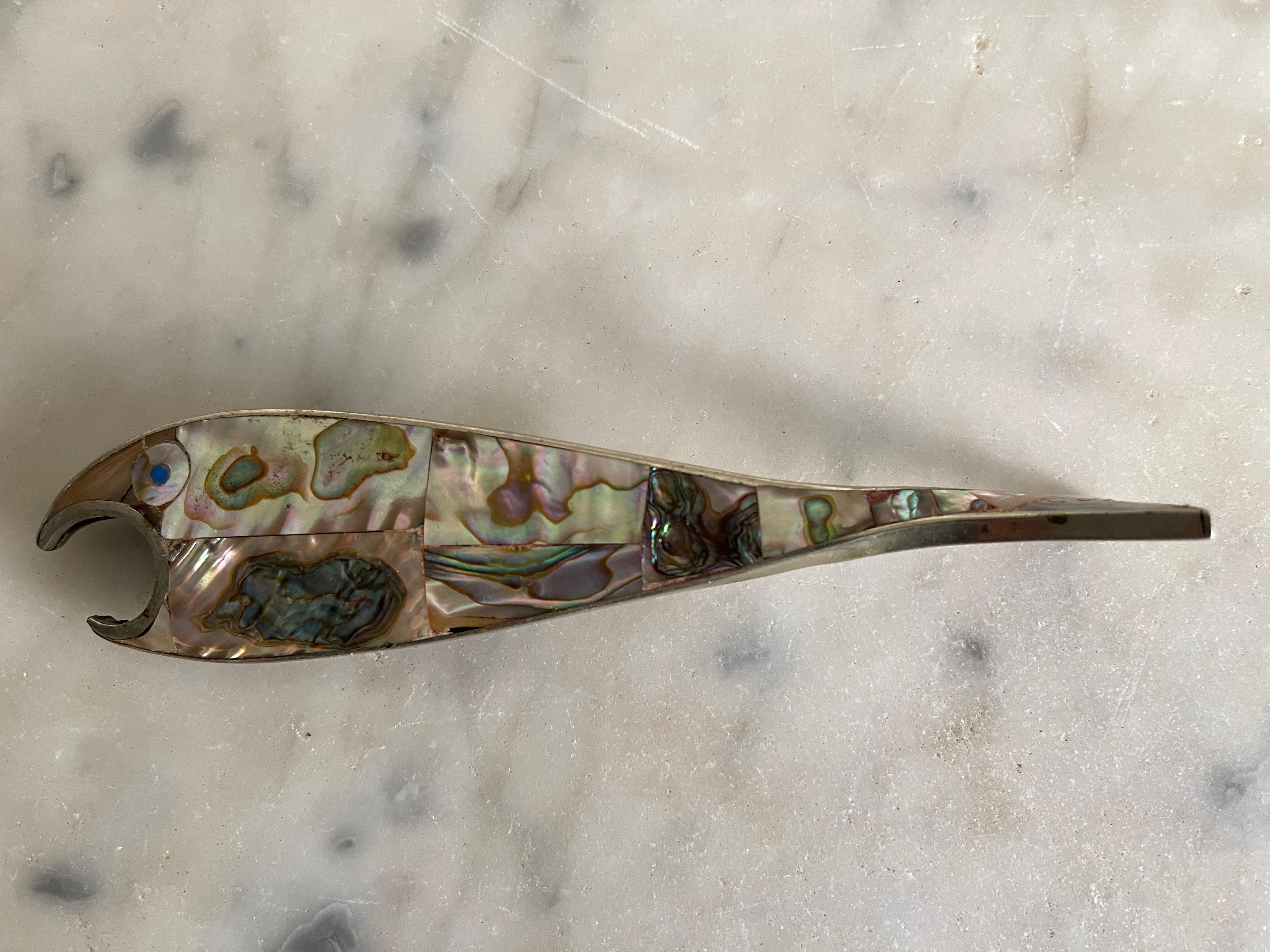 Midcentury Mexican Abalone Fish Alpaca Silver Bottle Opener In Good Condition For Sale In New York, NY