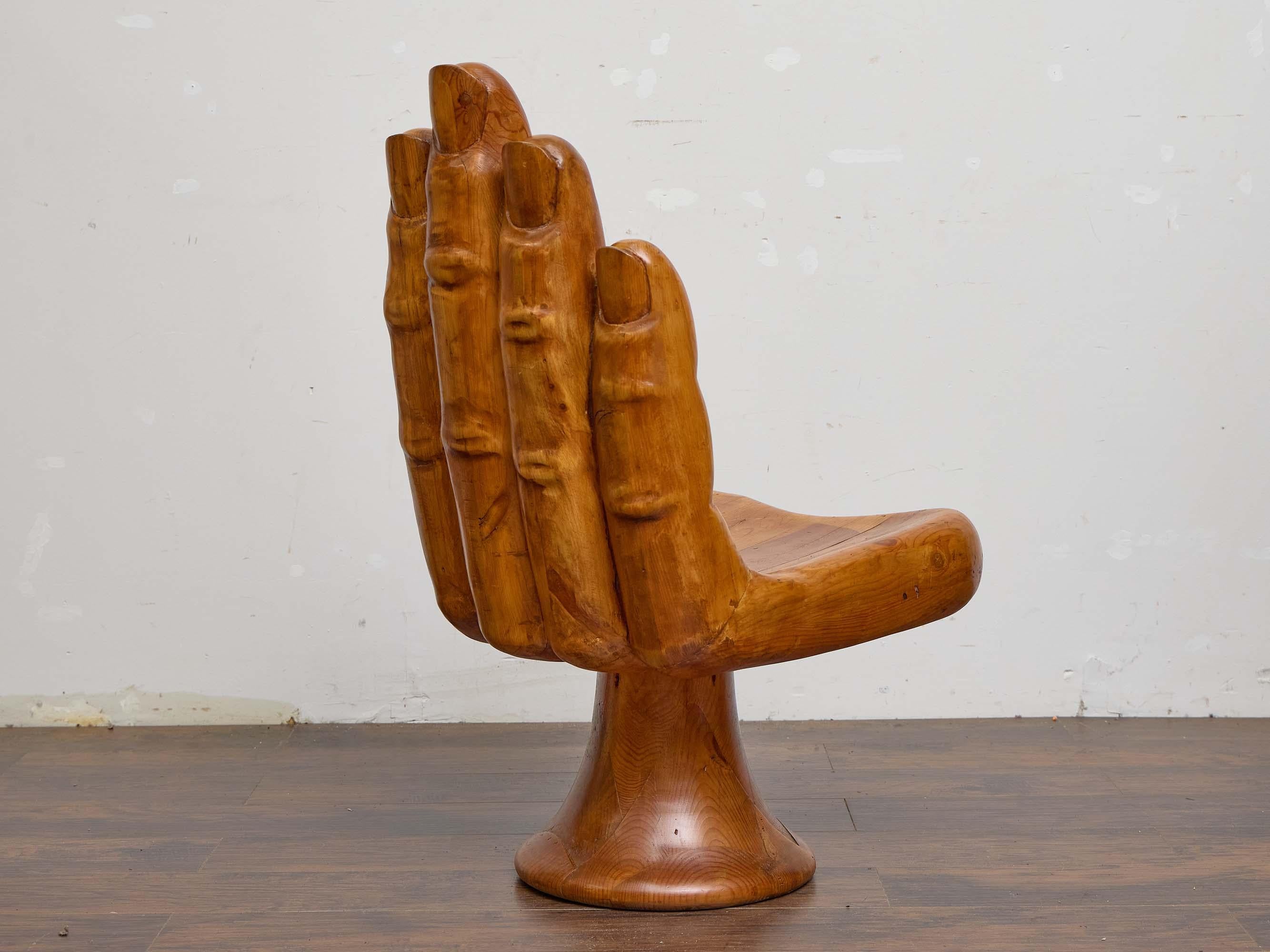Hand-Carved Midcentury Mexican Hand Chair in Carved Pine, Style of Pedro Friedeberg For Sale