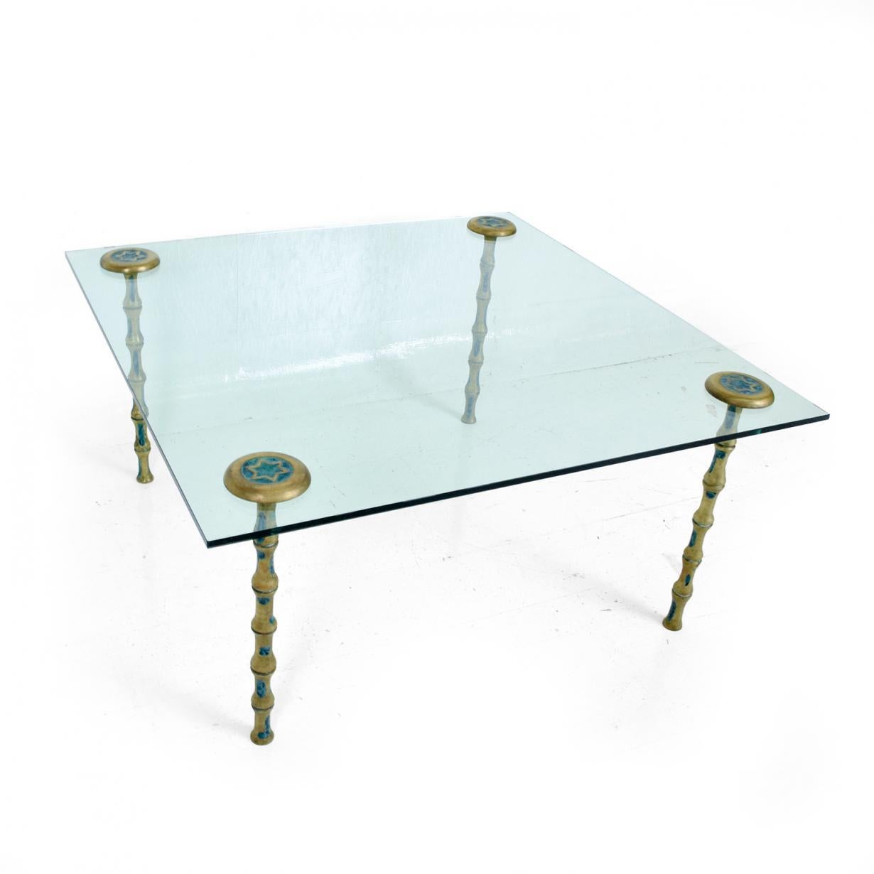 For your consideration, a set for four legs for coffee table brass malachite. Stamped: 