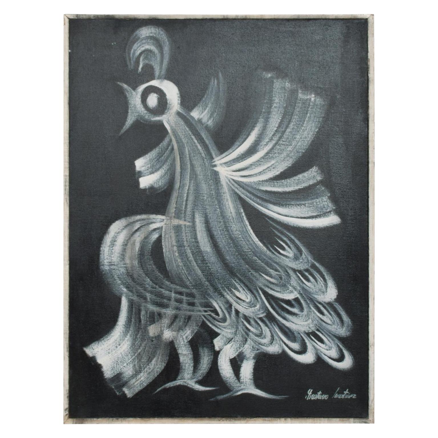 Midcentury Mexican Rooster Art Modernist Oil in Canvas by Gustavo Martinez