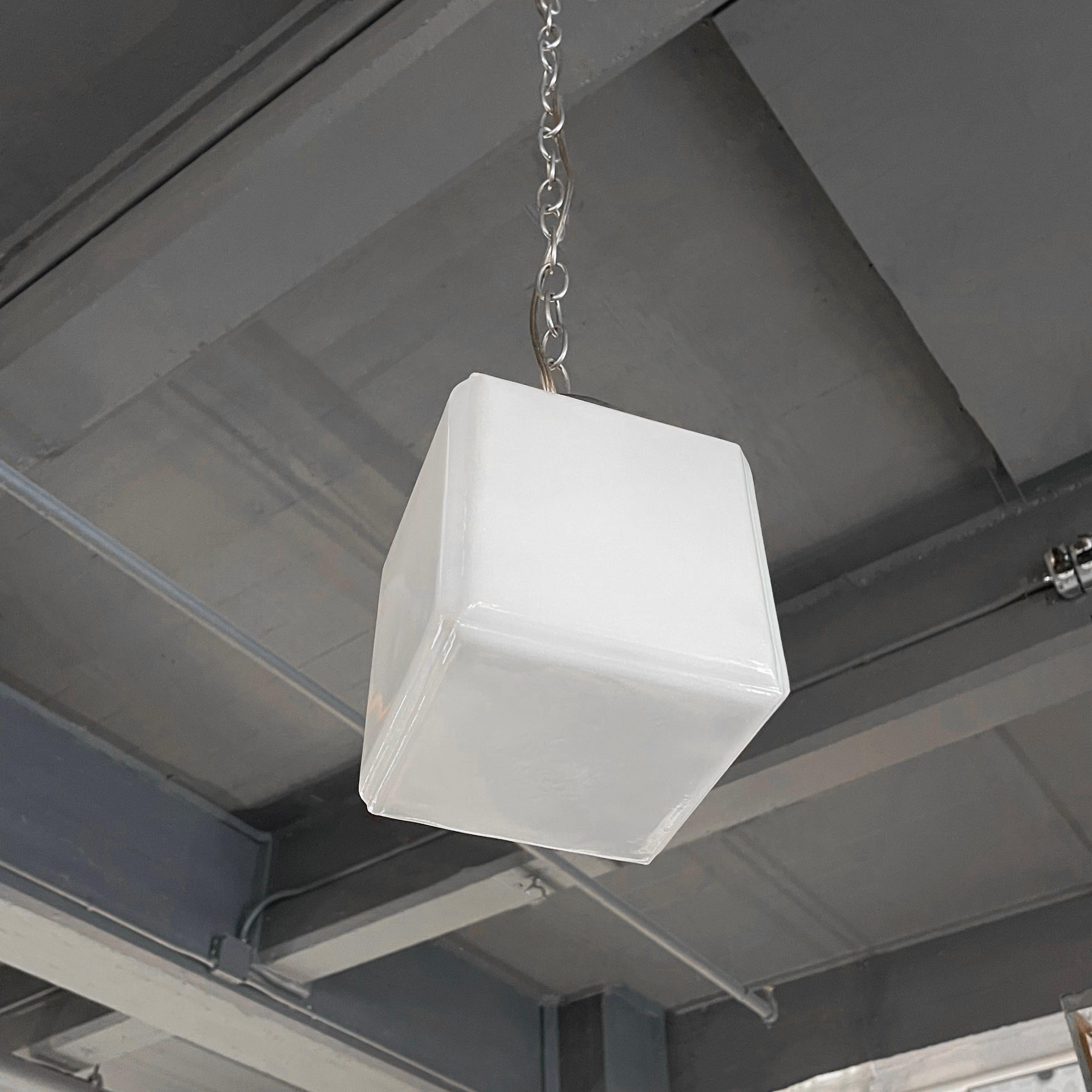 Midcentury Milk Glass Cube Pendant Light In Good Condition For Sale In Brooklyn, NY