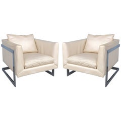Midcentury Milo Baughman Cantilevered Chrome and Ivory Leather Club Chairs, Pair