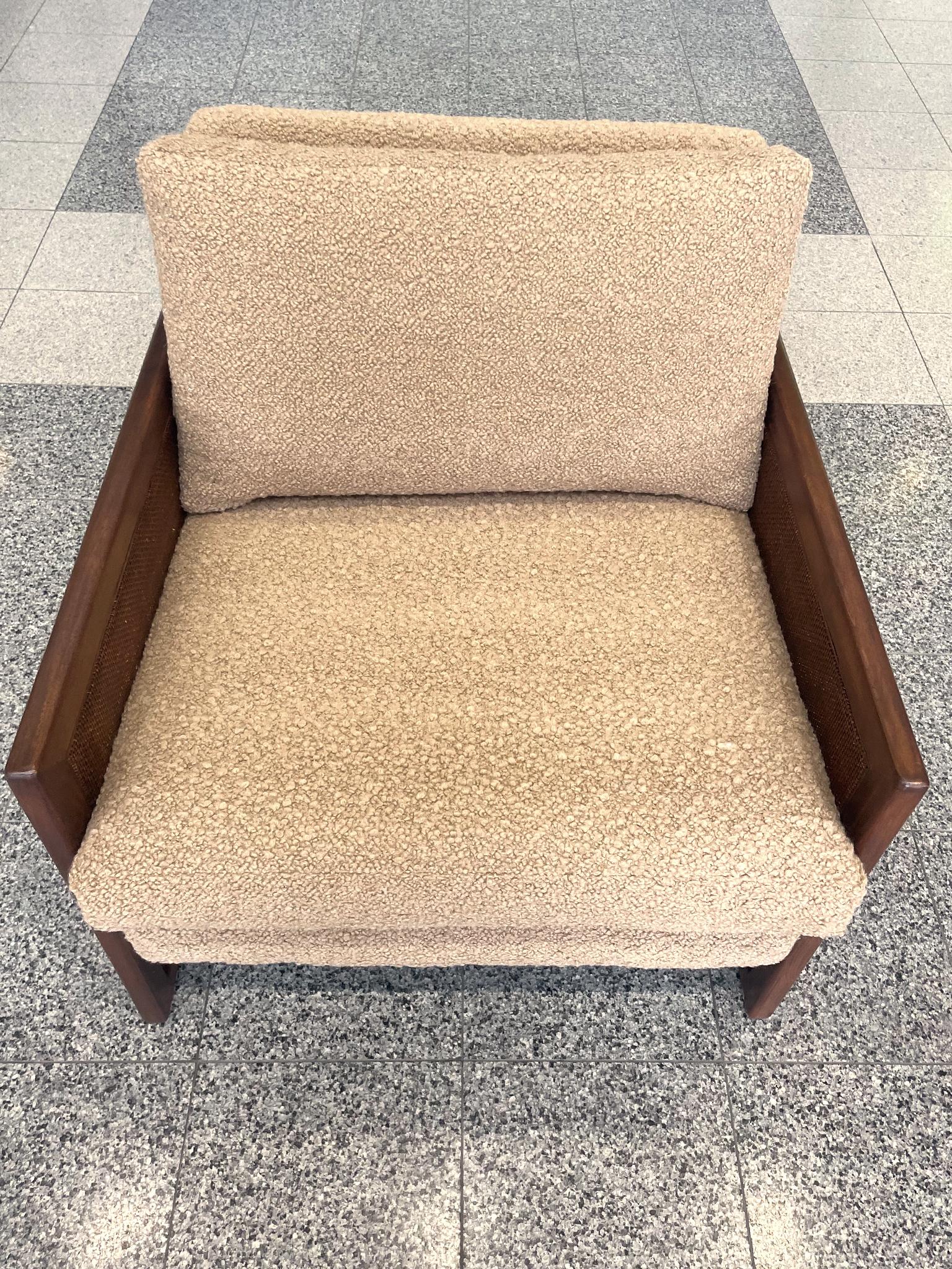 Mid-Century Modern Midcentury Milo Baughman-Style Cane Lounge Chair with Bouclé