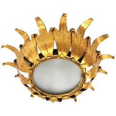 Midcentury Mini Sized Gilt Iron Sunburst Leafed Light Fixture with Frosted Glass