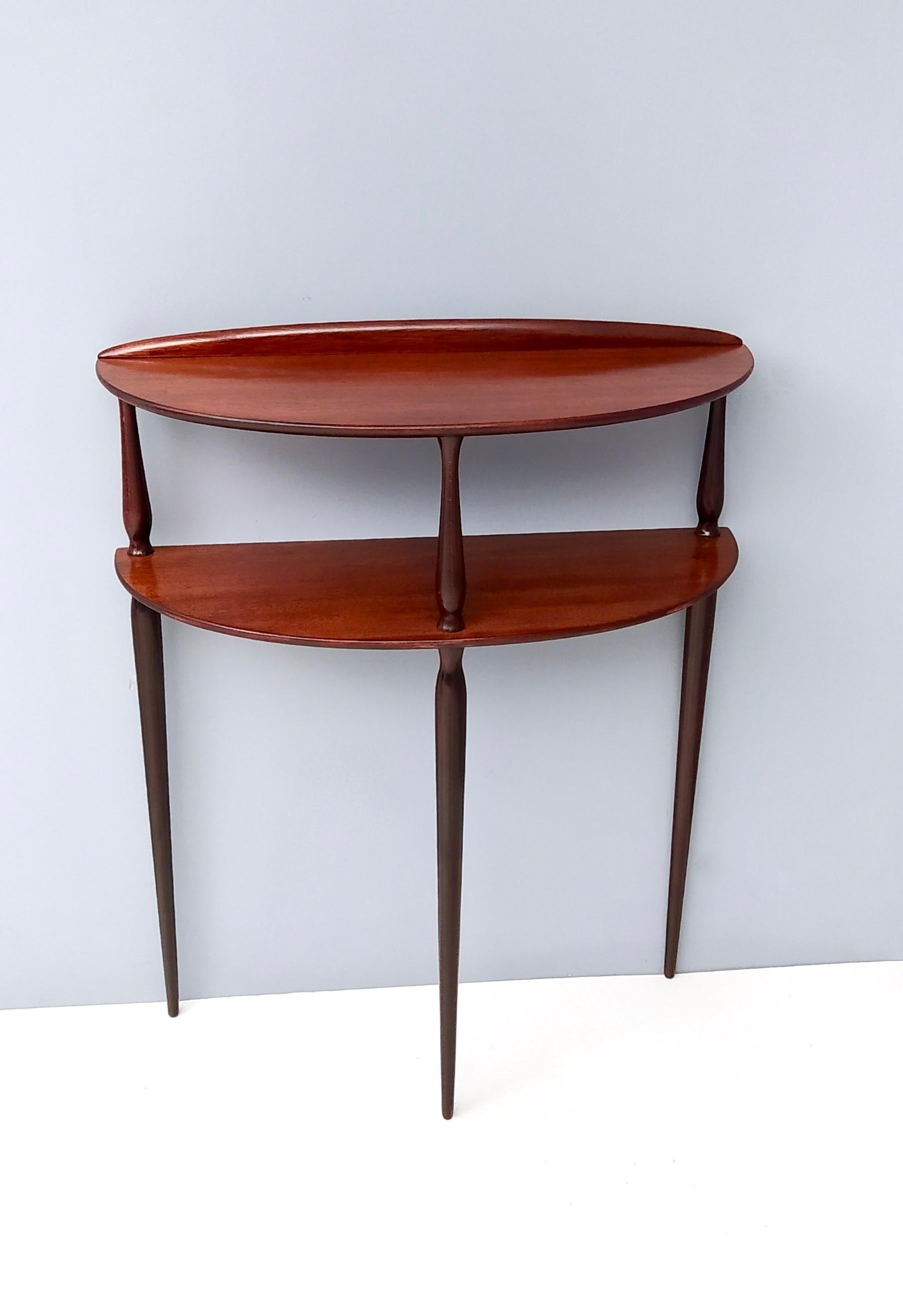 Turned Midcentury Minimalist Demilune Mahogany Console with Two Shelves, Italy, 1950s