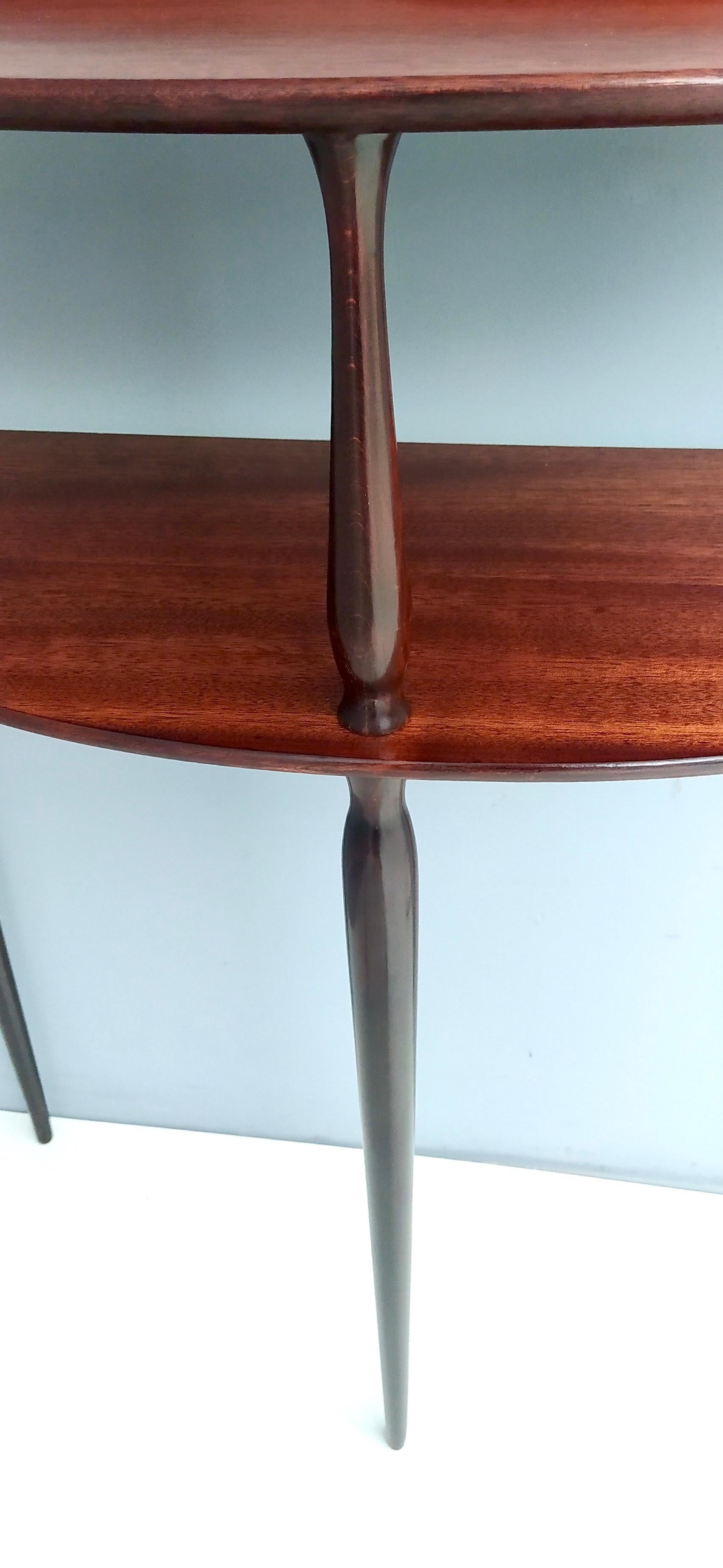 Midcentury Minimalist Demilune Mahogany Console with Two Shelves, Italy, 1950s 1