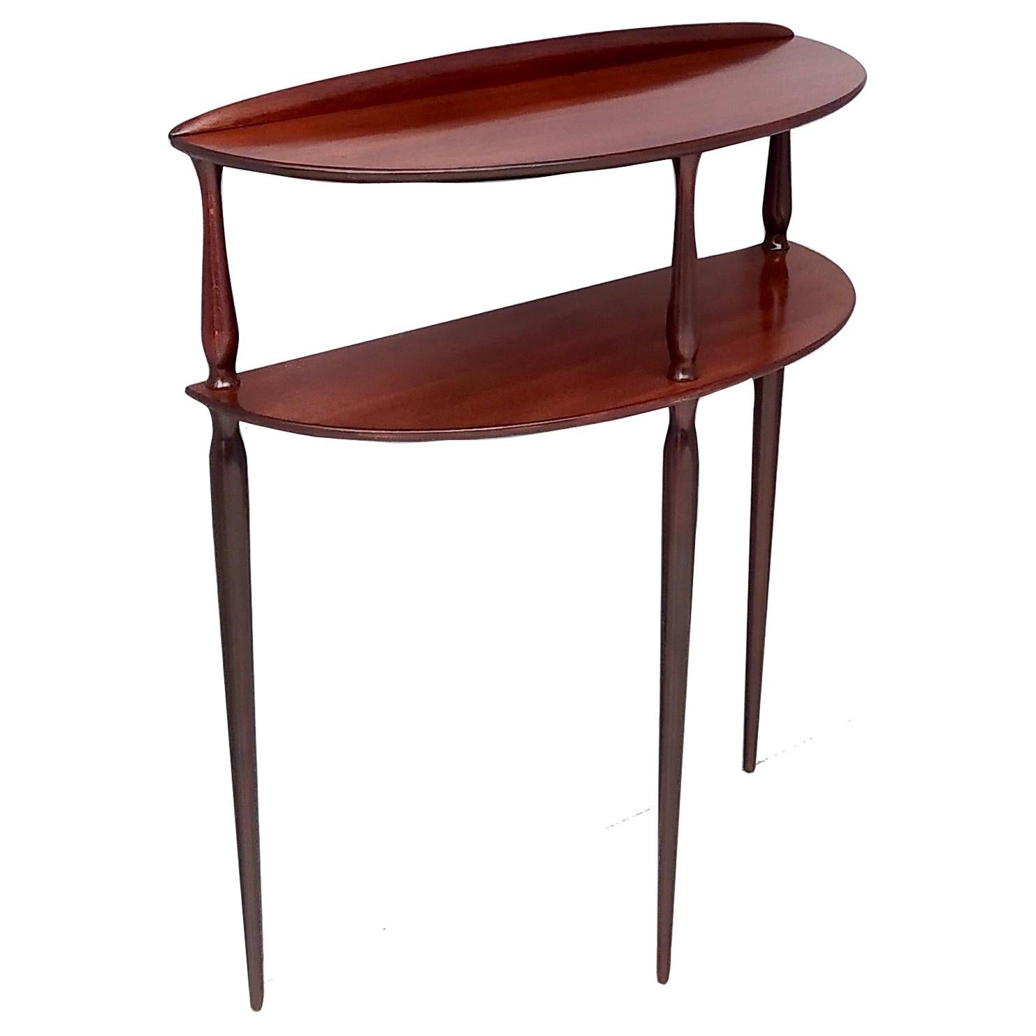 Midcentury Minimalist Demilune Mahogany Console with Two Shelves, Italy, 1950s