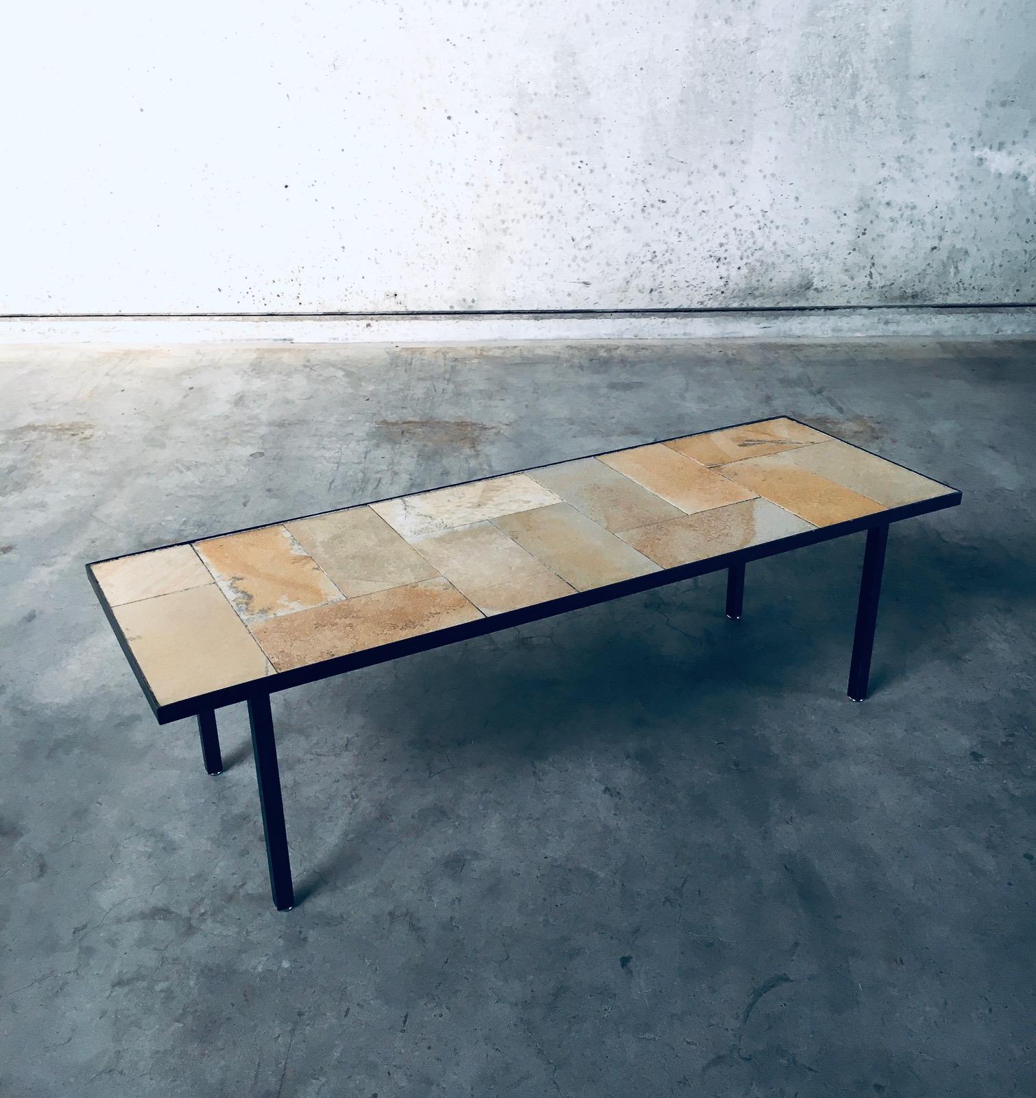 Vintage Midcentury Minimalist Design Ceramic Tile Slender Coffee or Side Table. Made in France, 1960's period. Ceramic tiles that look like natural slate stone in beige colors on black metal frame. Beautiful and minimalist use of materials that make