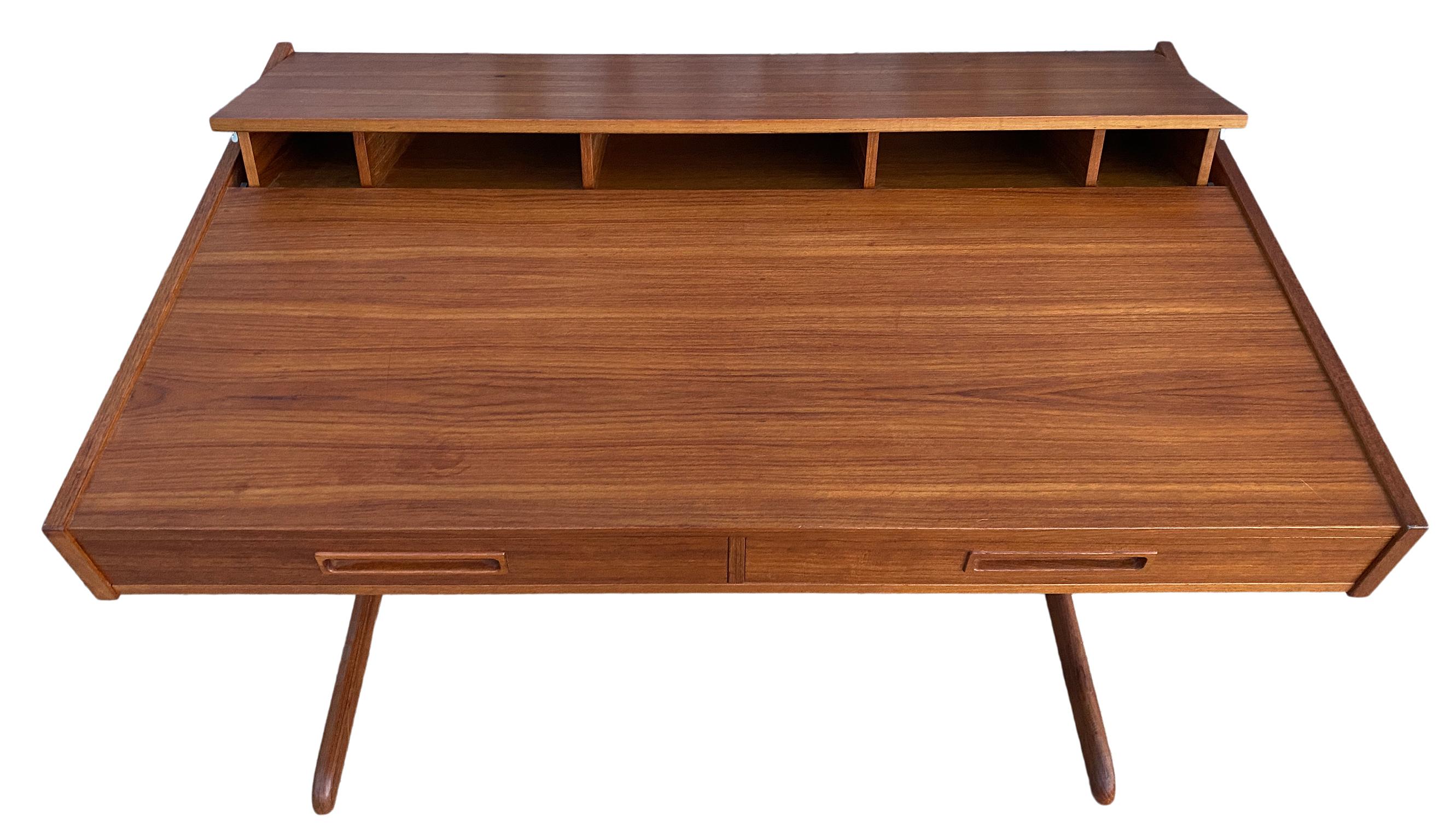 Midcentury Minimalist Teak 2-Drawer Desk with Pop Up Organizer Made in Denmark 3