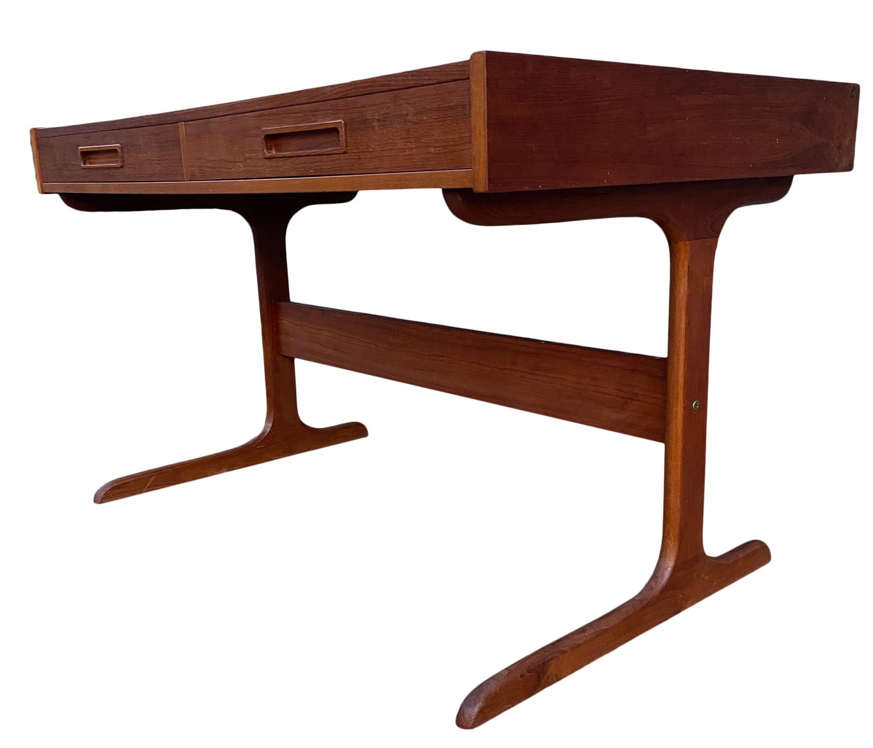 20th Century Midcentury Minimalist Teak 2-Drawer Desk with Pop Up Organizer Made in Denmark