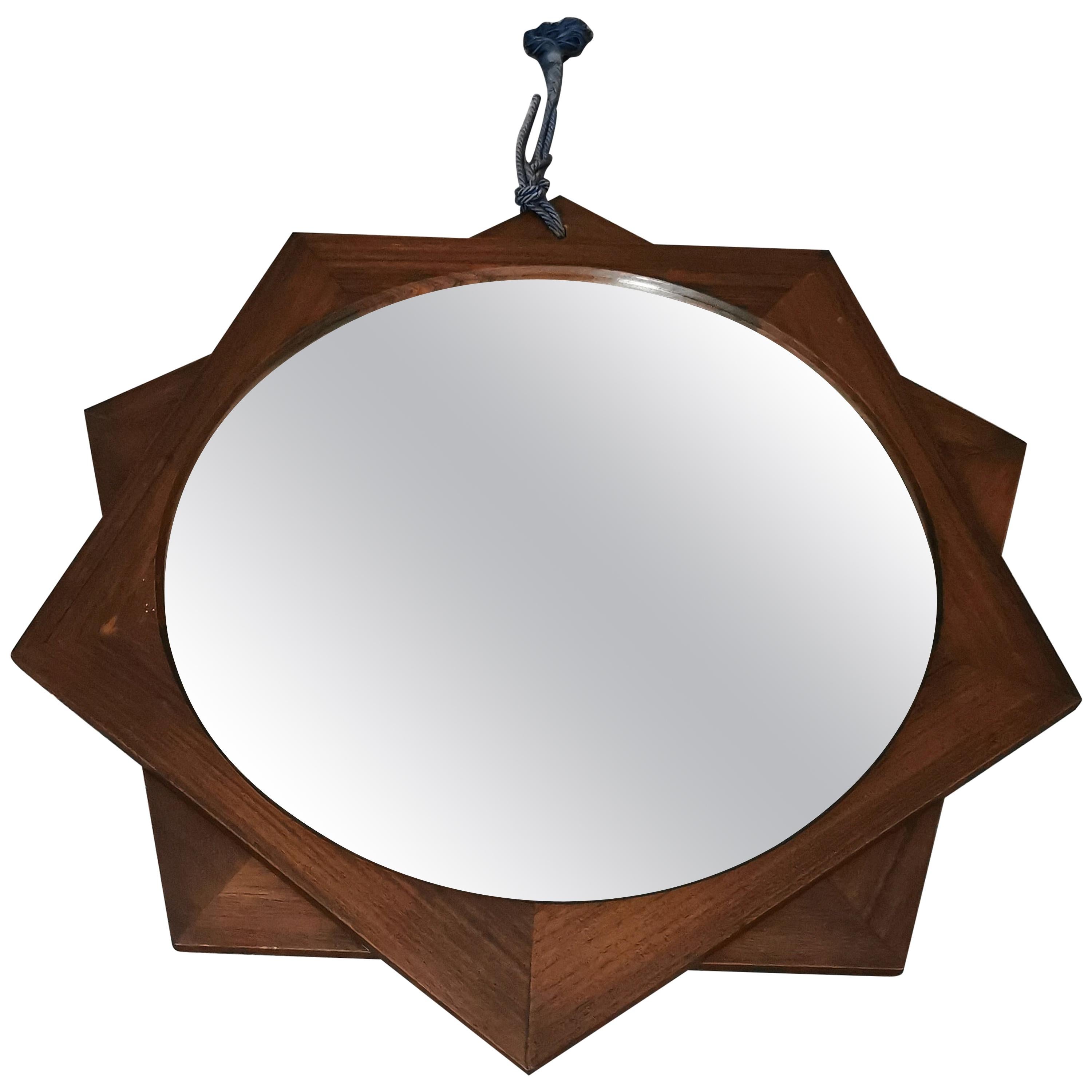 Midcentury Mirror in Rosewood at 10-Pointed Star Shape, Italian Design, 1970s