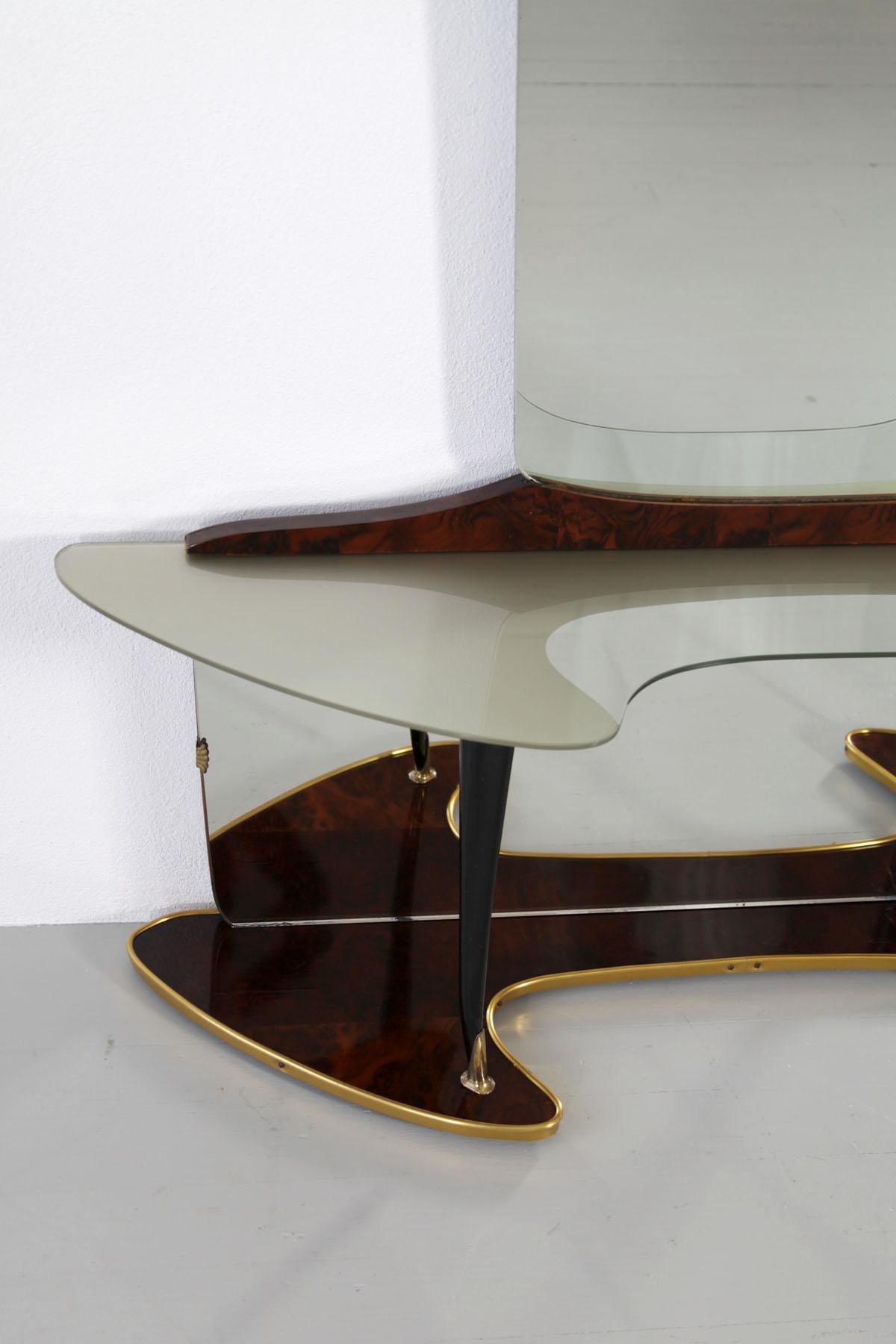 Mid-Century Modern Midcentury Mirror Vanity with Opulent Base, Wooden Elements and Brass Fixtures