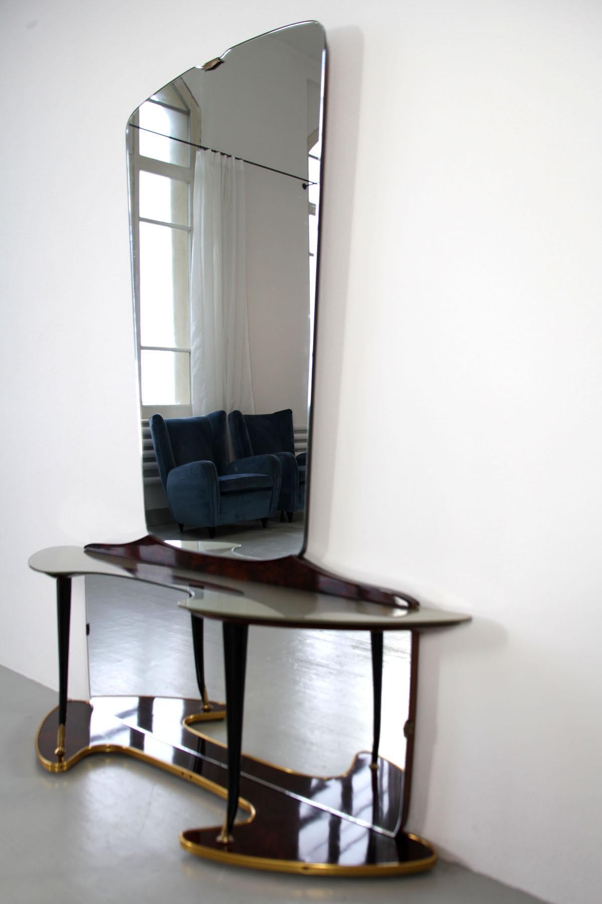 European Midcentury Mirror Vanity with Opulent Base, Wooden Elements and Brass Fixtures