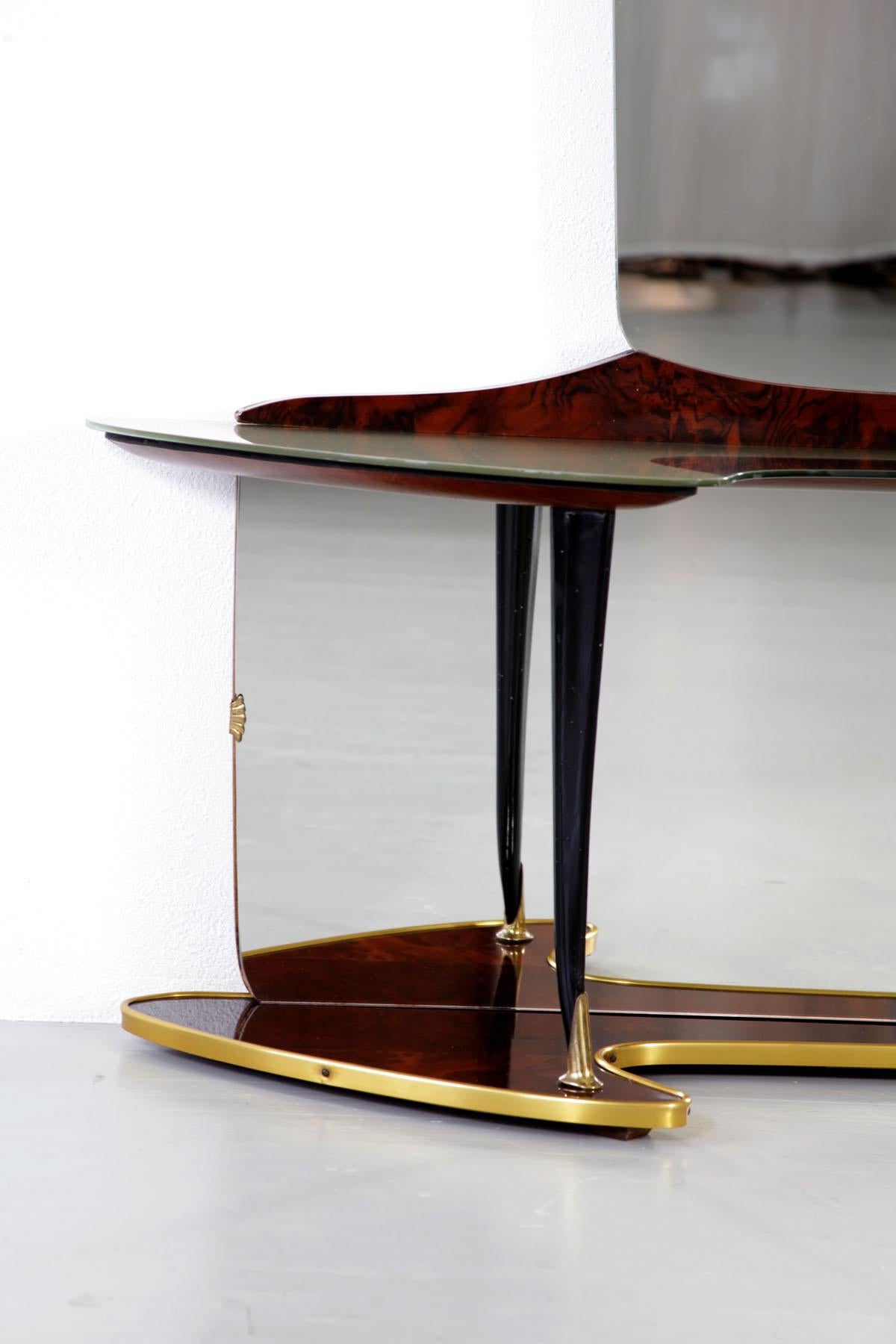 Midcentury Mirror Vanity with Opulent Base, Wooden Elements and Brass Fixtures In Good Condition In Wolfurt, AT