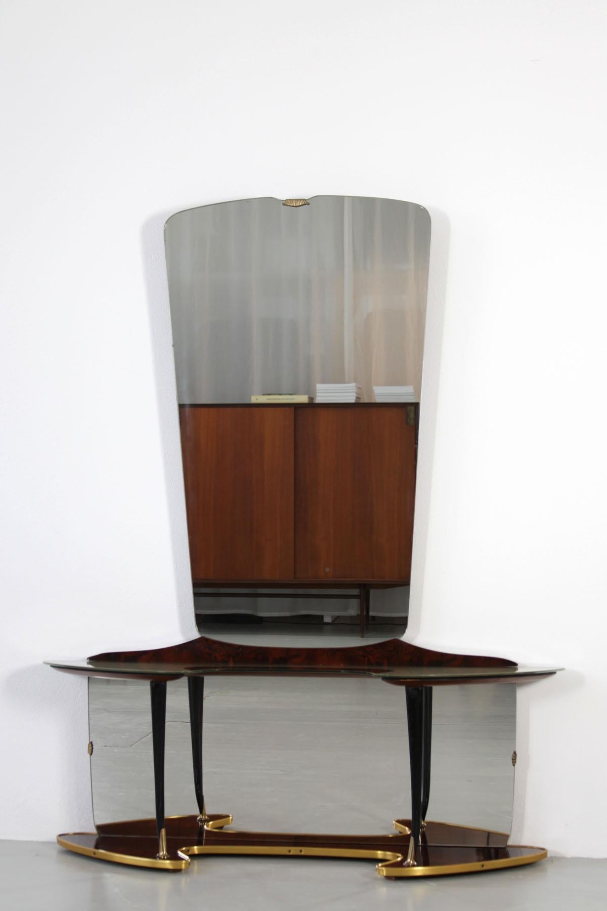 Midcentury Mirror Vanity with Opulent Base, Wooden Elements and Brass Fixtures 2