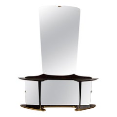 Midcentury Mirror Vanity with Opulent Base, Wooden Elements and Brass Fixtures