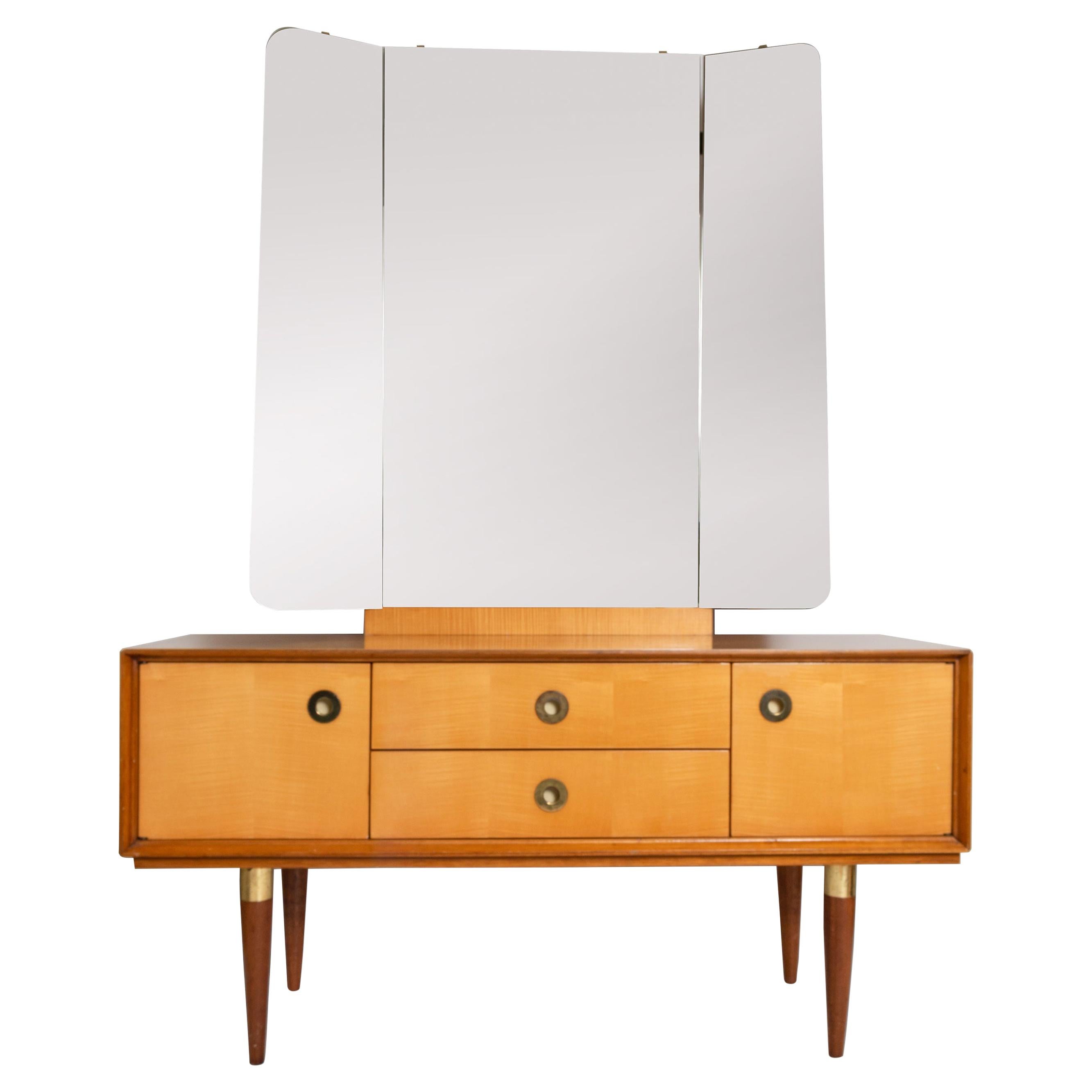 Midcentury Mirrored Dressing Table in Sycamore and Walnut, France, circa 1950